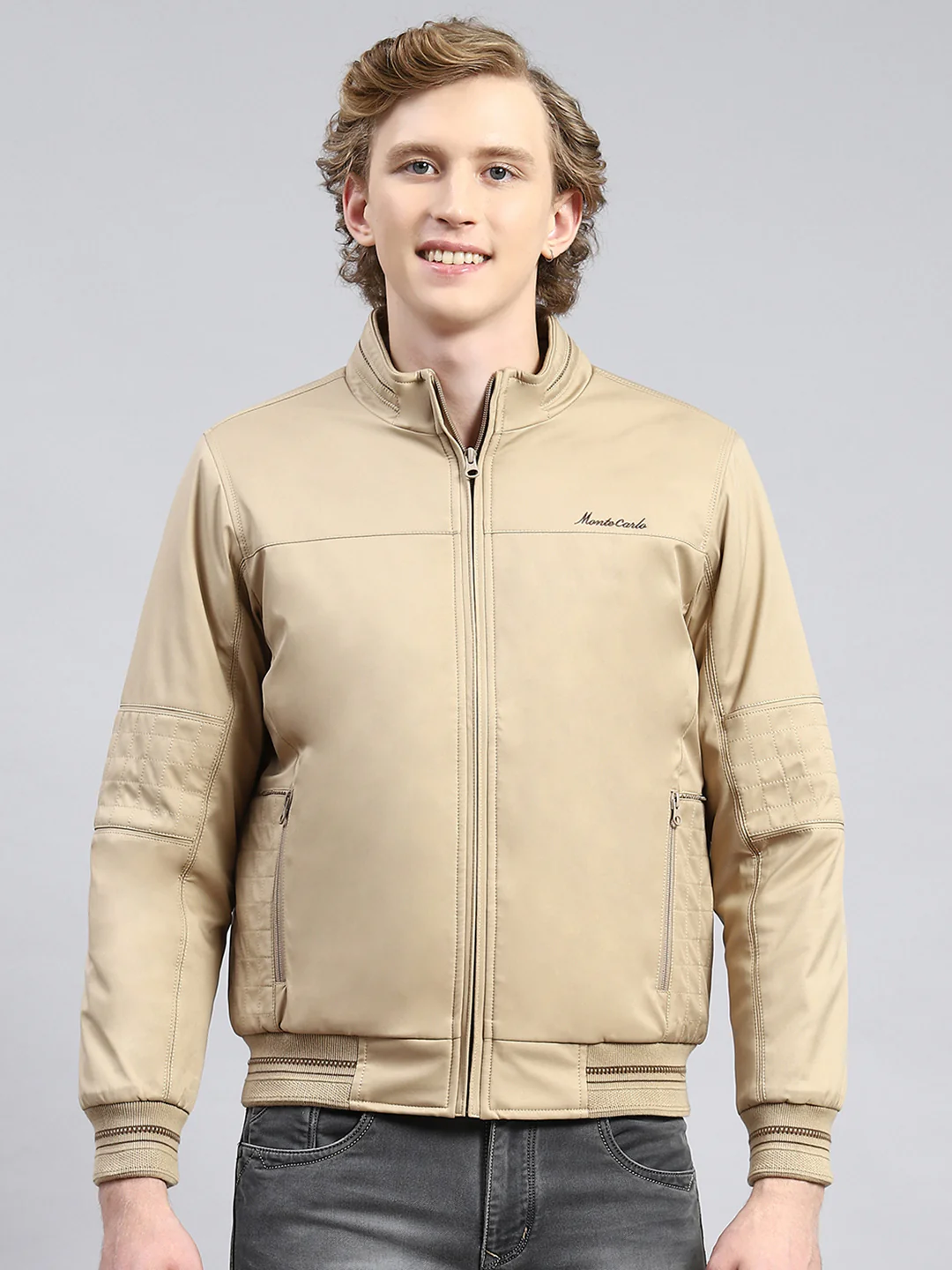 Men Beige Plain Jacket - Image 2