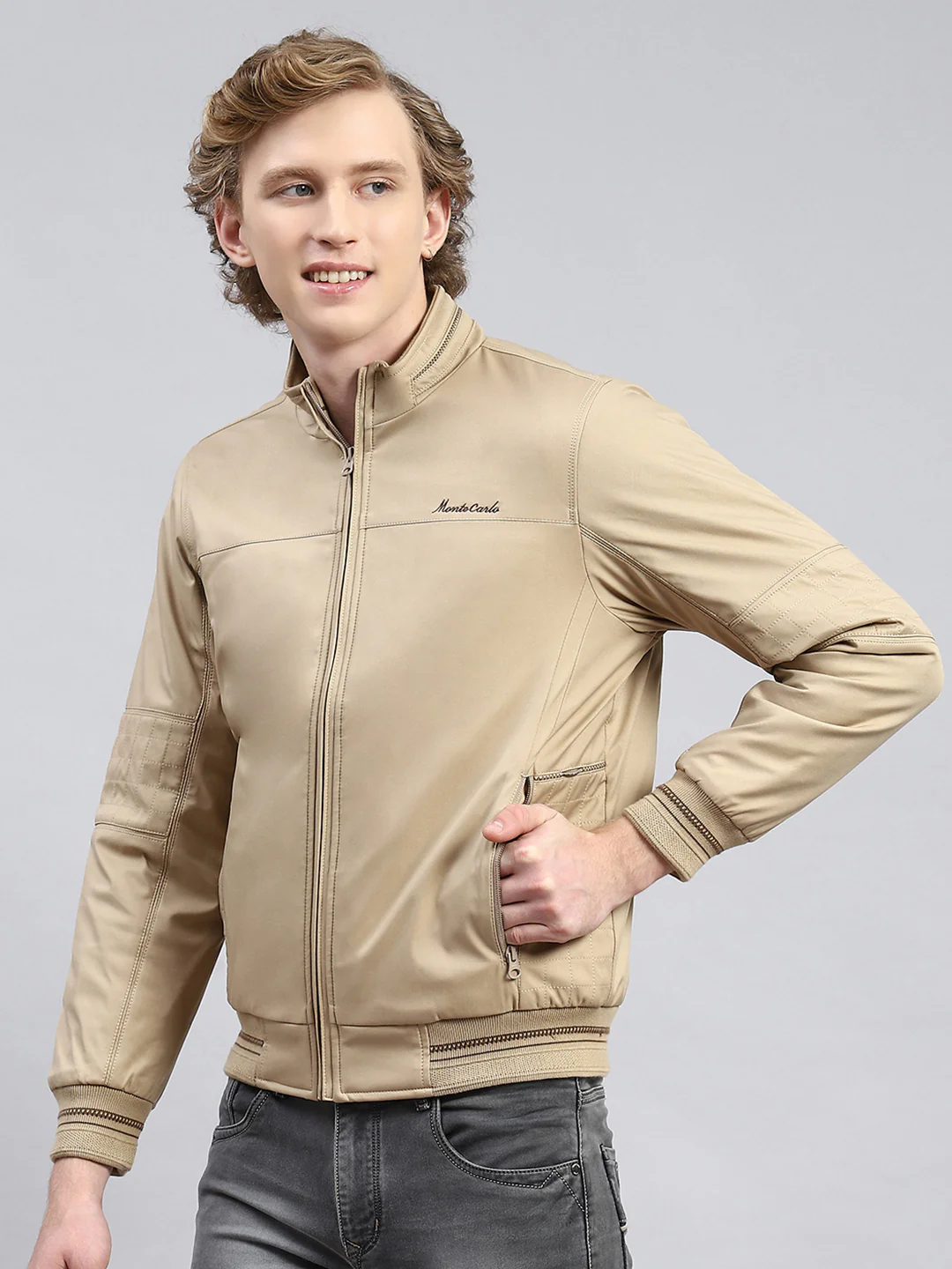 Men Beige Plain Jacket - Image 4