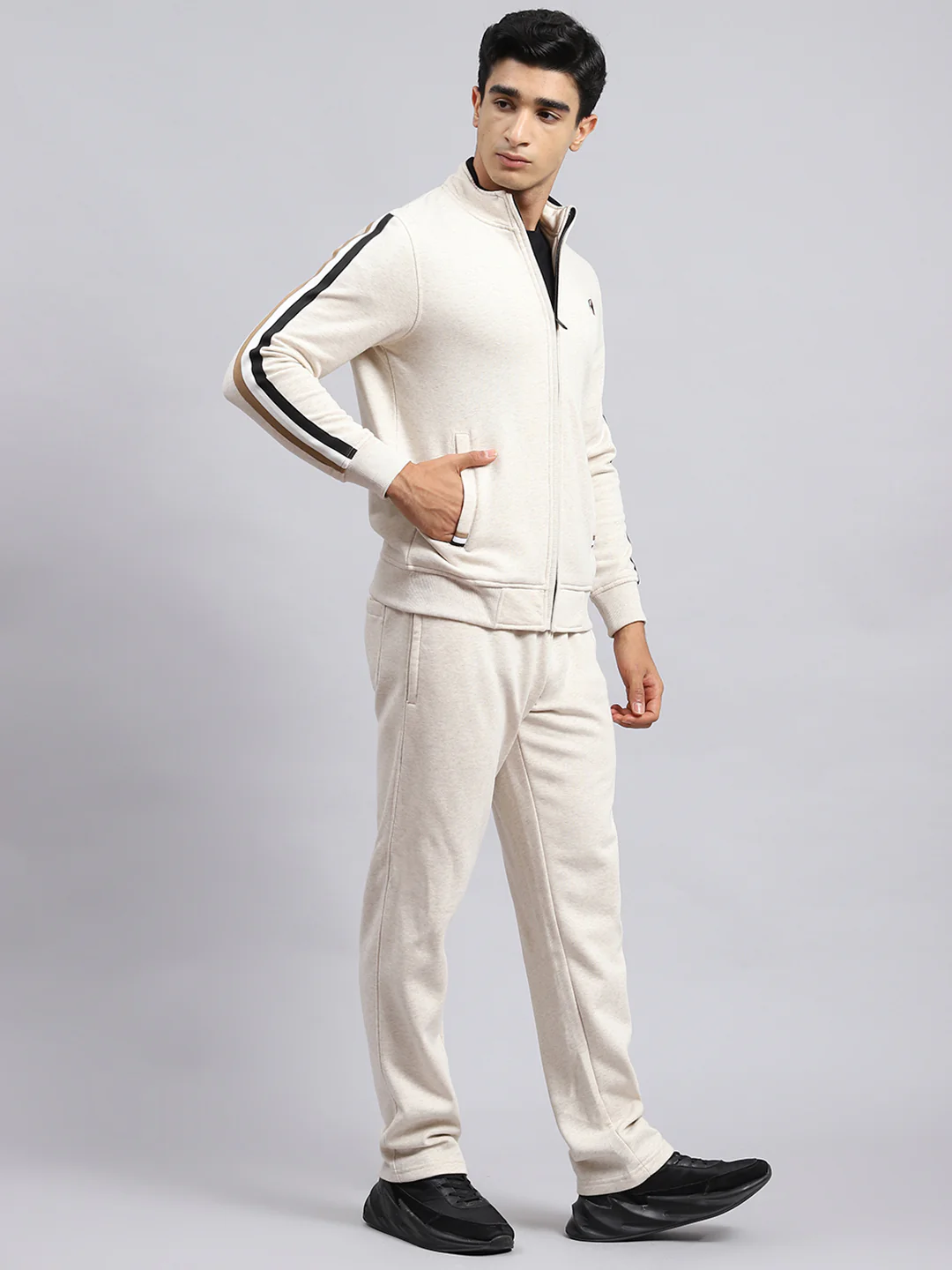 Men Beige Plain Tracksuit - Image 3