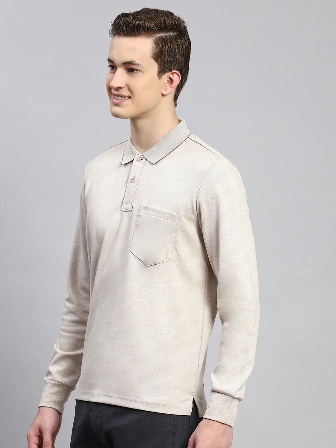 Men Beige Plain Winter T-Shirt - Image 4