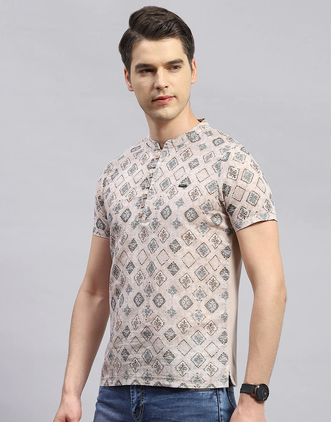 Men Beige Printed Band Collar Half Sleeve Kurta - Image 3