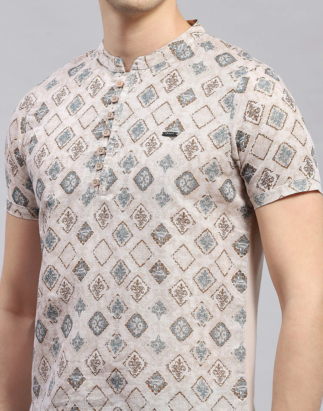 Men Beige Printed Band Collar Half Sleeve Kurta - Image 7