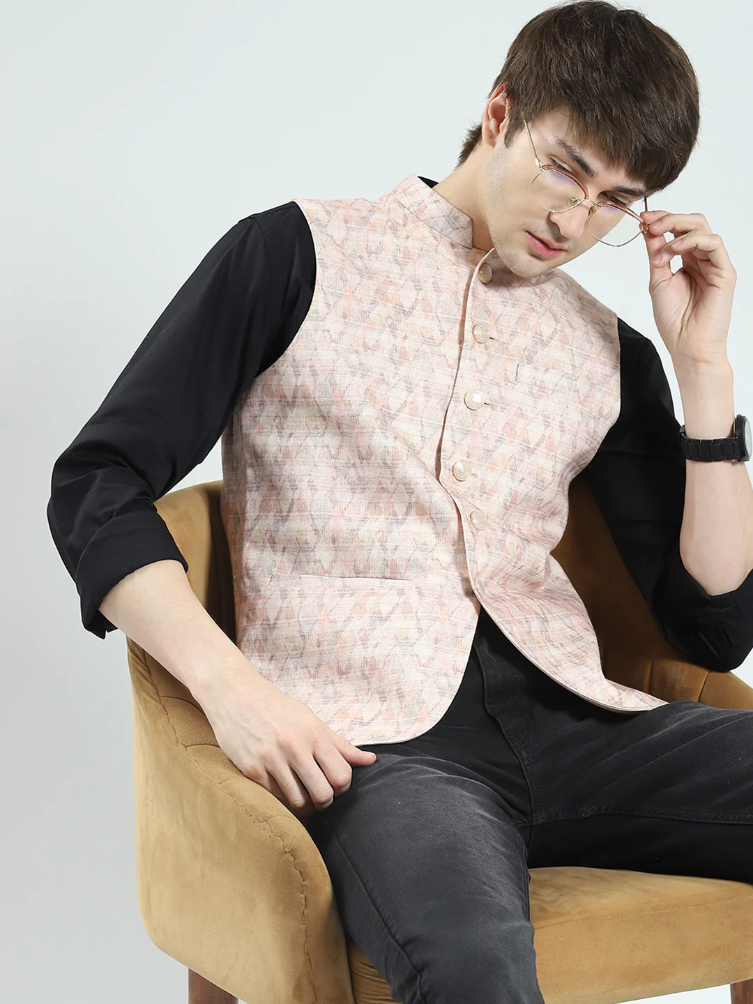 Men Beige Printed Band Neck Sleeveless Nehru Jacket - Image 6