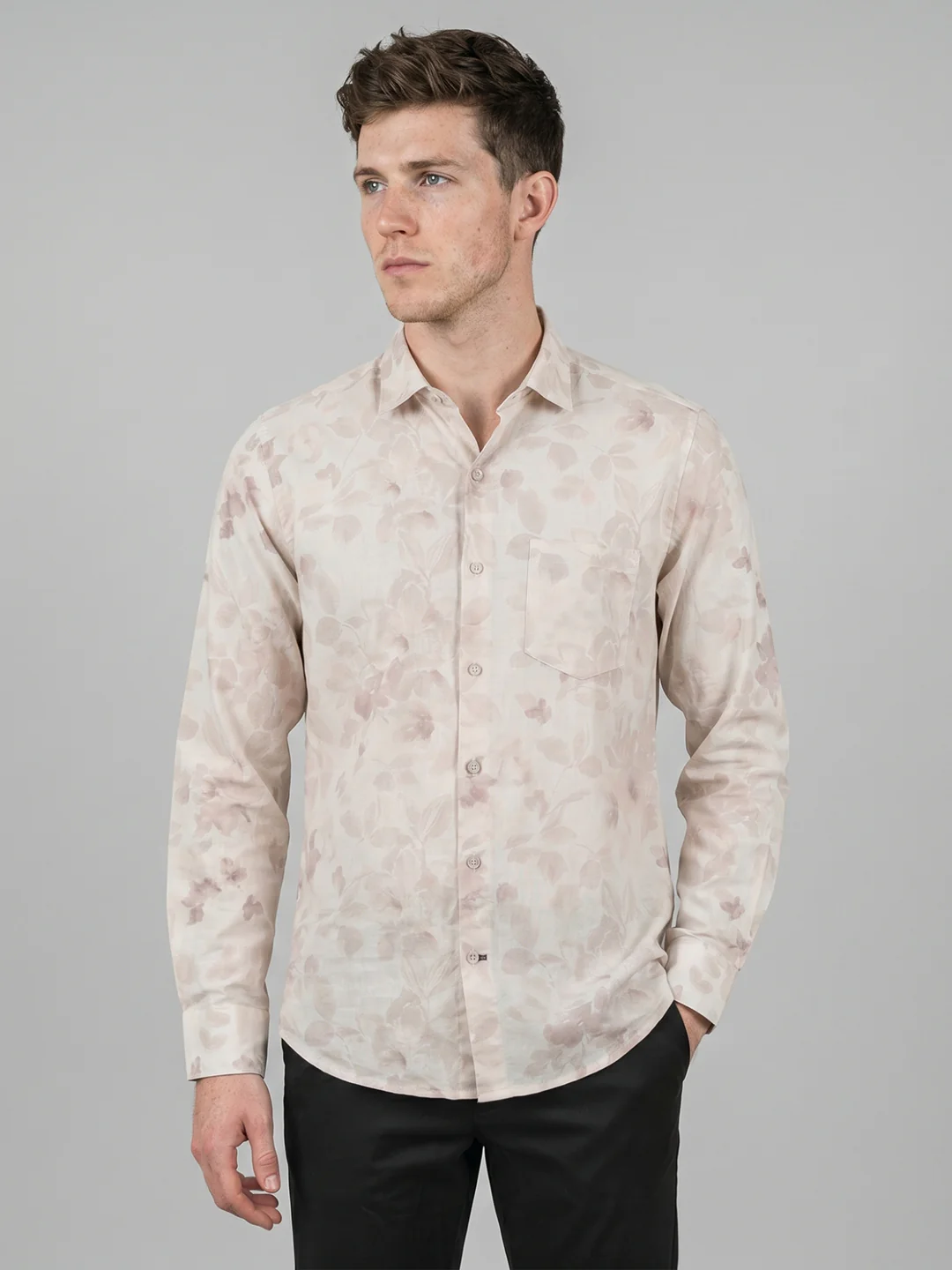 Men Beige Printed Collar Full Sleeve Shirt - Image 2