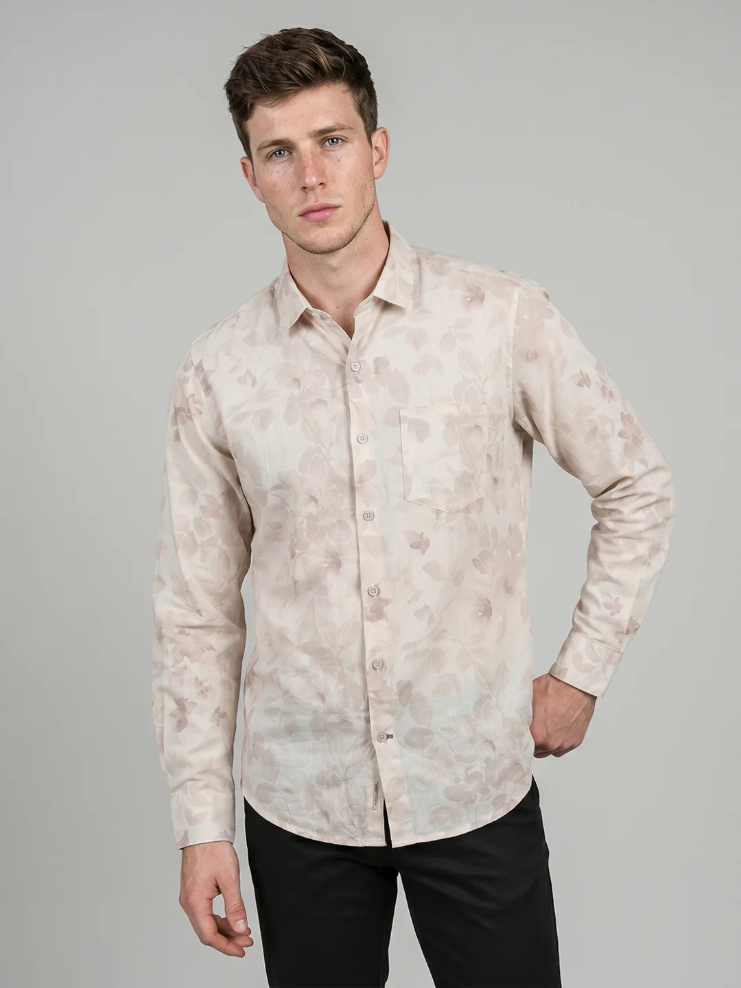 Men Beige Printed Collar Full Sleeve Shirt - Image 3