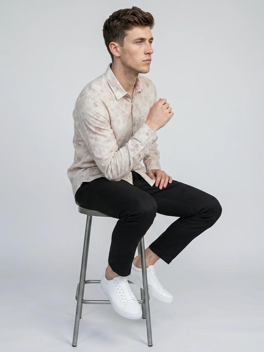 Men Beige Printed Collar Full Sleeve Shirt - Image 5