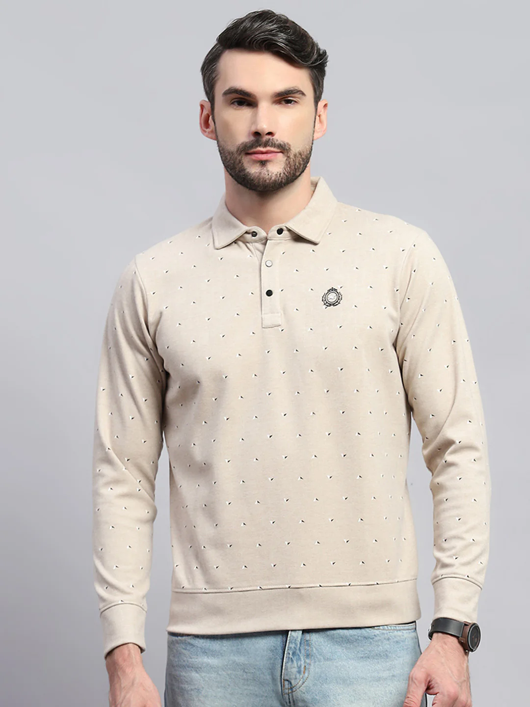 Men Beige Printed Collar Full Sleeve Sweatshirt - Image 2