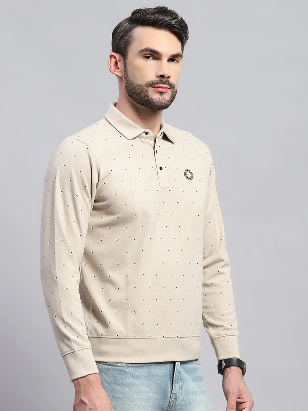 Men Beige Printed Collar Full Sleeve Sweatshirt - Image 4