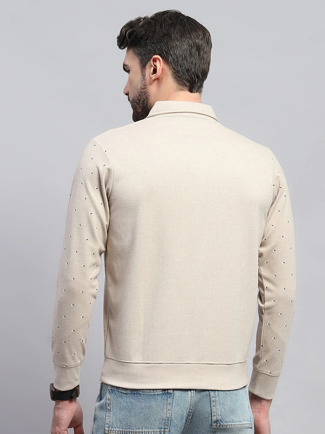 Men Beige Printed Collar Full Sleeve Sweatshirt - Image 5