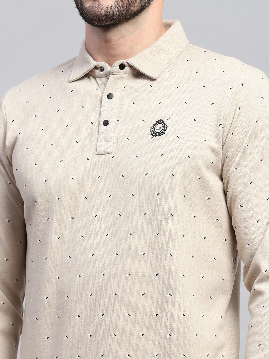 Men Beige Printed Collar Full Sleeve Sweatshirt - Image 7