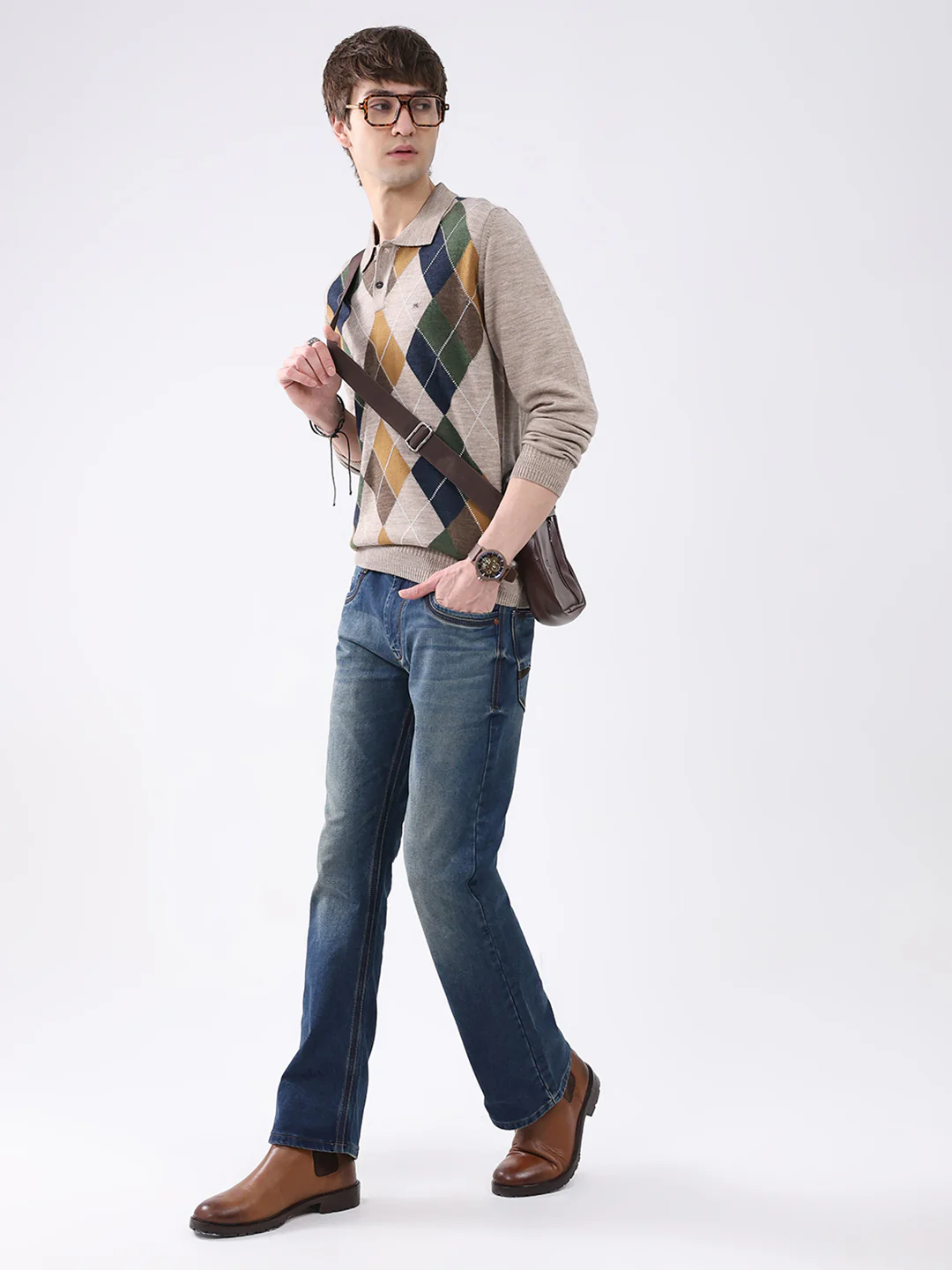 Men Beige Printed Collar Full Sleeve Winter T-Shirt - Image 2