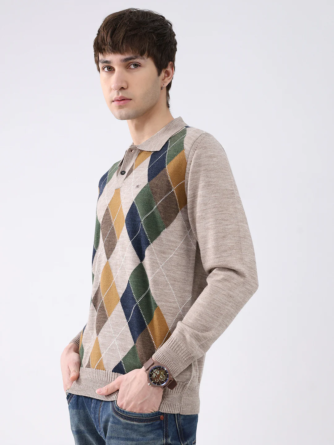 Men Beige Printed Collar Full Sleeve Winter T-Shirt - Image 3