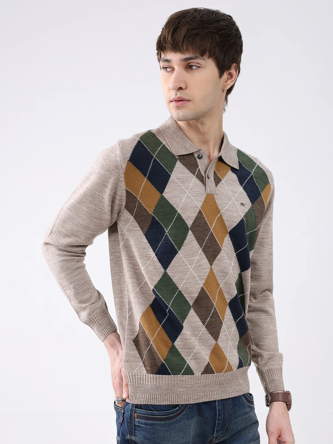 Men Beige Printed Collar Full Sleeve Winter T-Shirt - Image 4