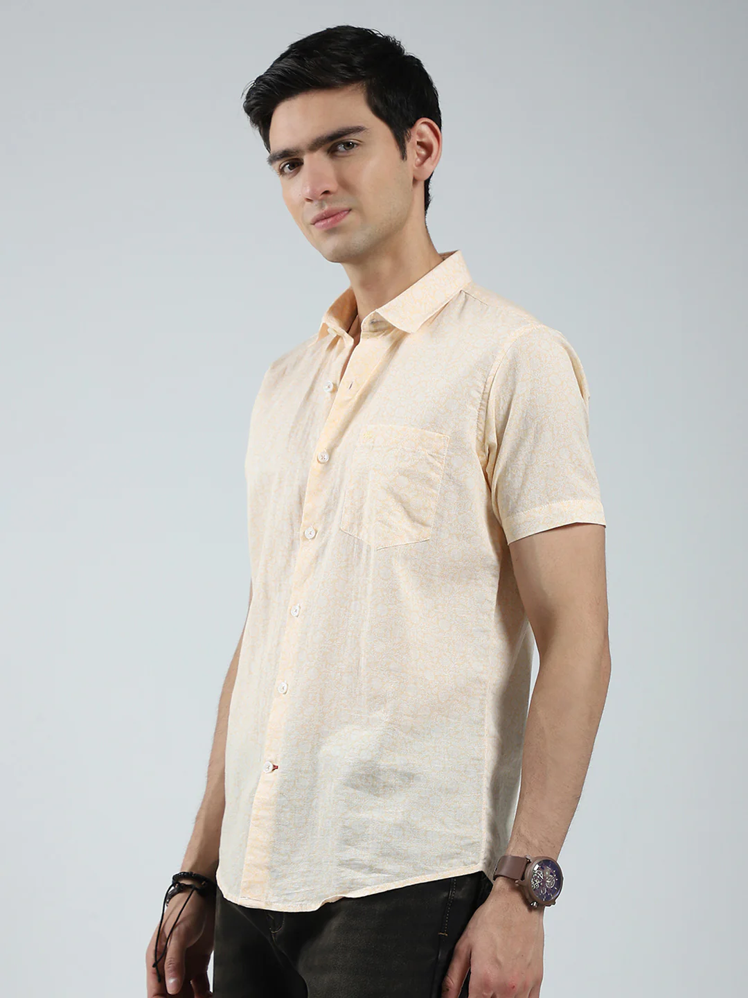 Men Beige Printed Collar Half Sleeve Linen Shirt - Image 3