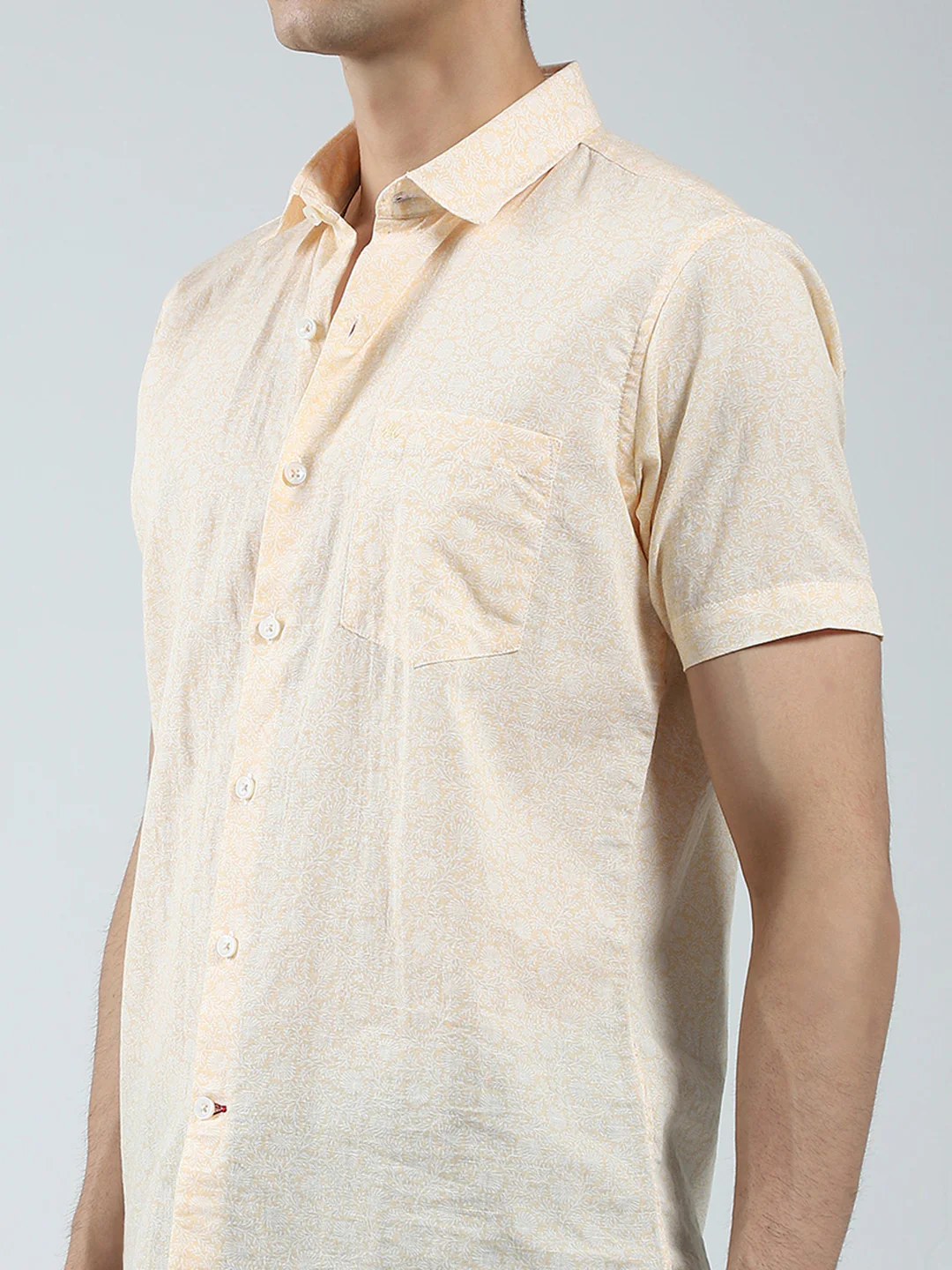 Men Beige Printed Collar Half Sleeve Linen Shirt - Image 7