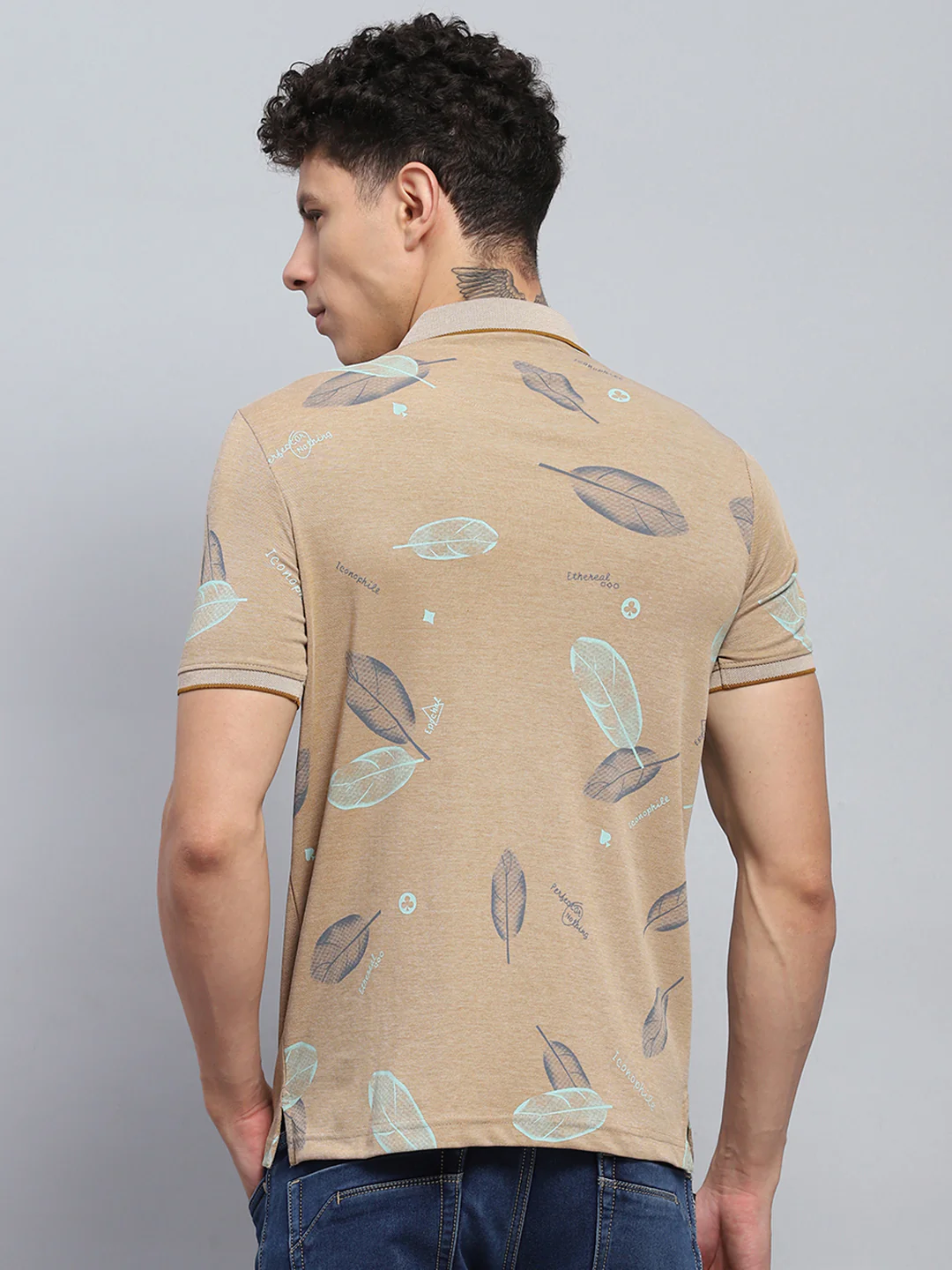 Men Beige Printed Collar Half Sleeve T-Shirt - Image 5