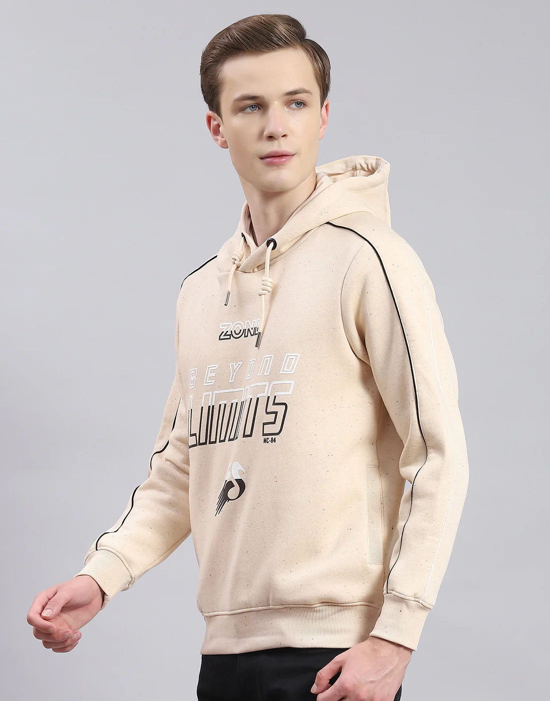 Men Beige Printed Hooded Full Sleeve Sweatshirt - Image 3