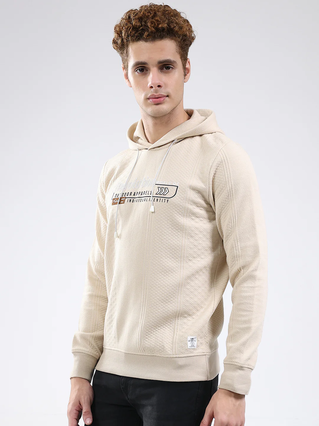 Men Beige Printed Hooded Full Sleeve Sweatshirt - Image 3