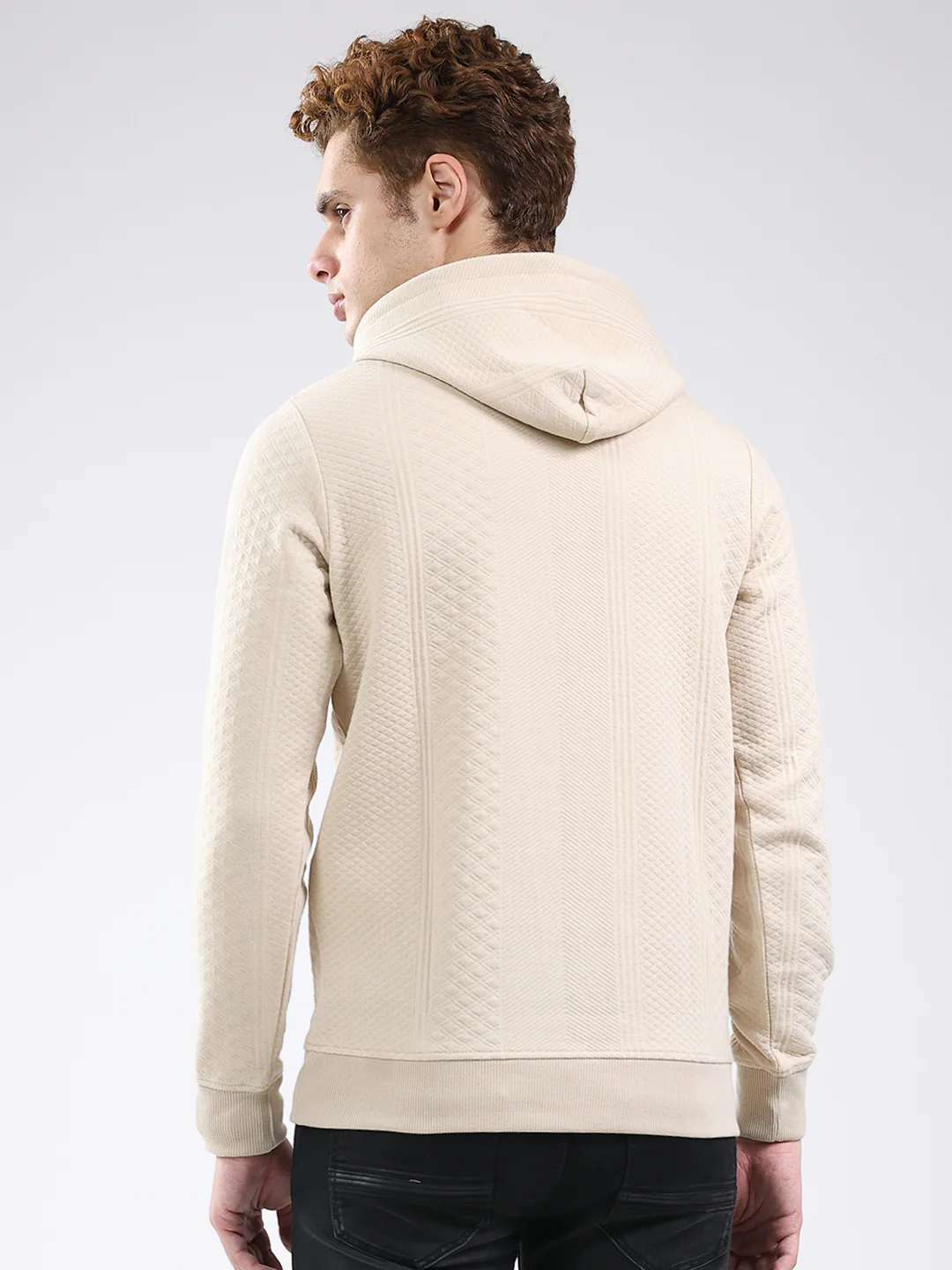 Men Beige Printed Hooded Full Sleeve Sweatshirt - Image 5