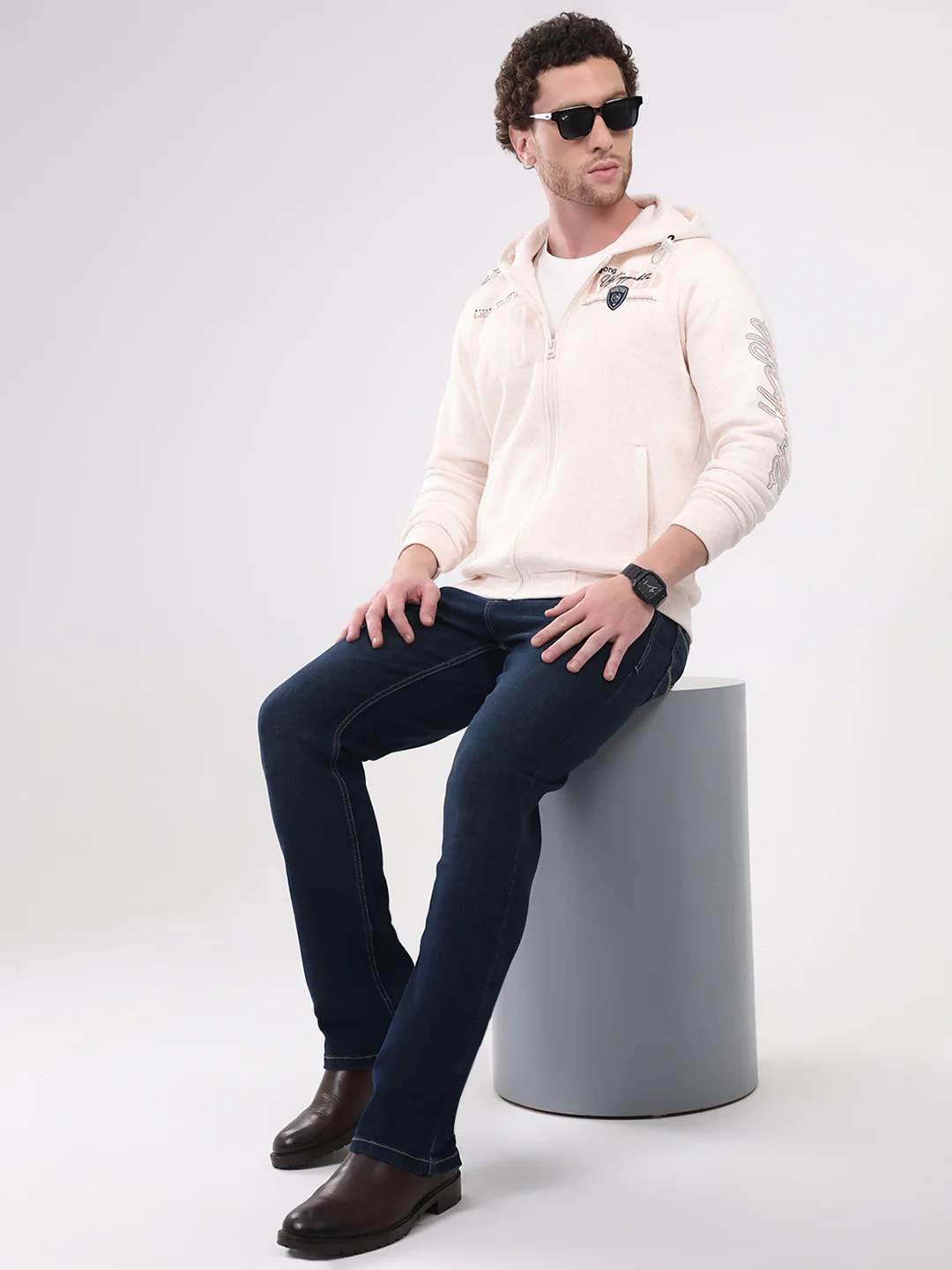 Men Beige Printed Hooded Full Sleeve Sweatshirt - Image 2