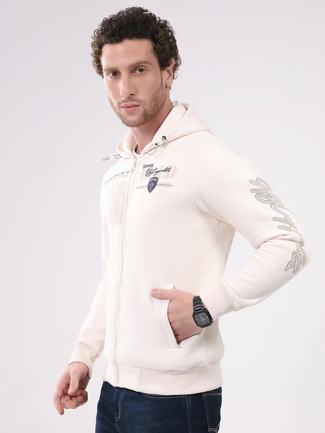 Men Beige Printed Hooded Full Sleeve Sweatshirt - Image 3