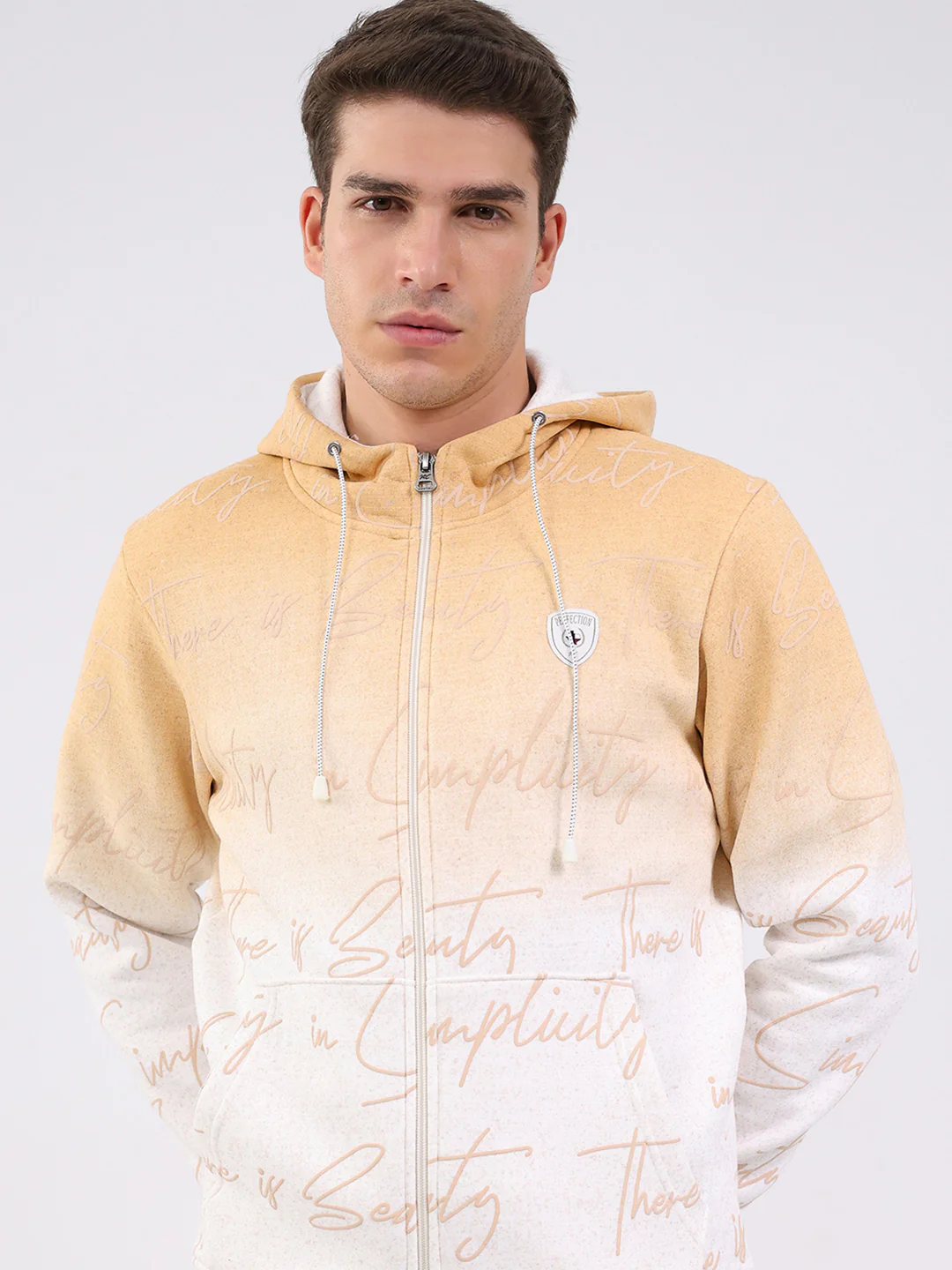 Men Beige Printed Hooded Full Sleeve Sweatshirt - Image 6