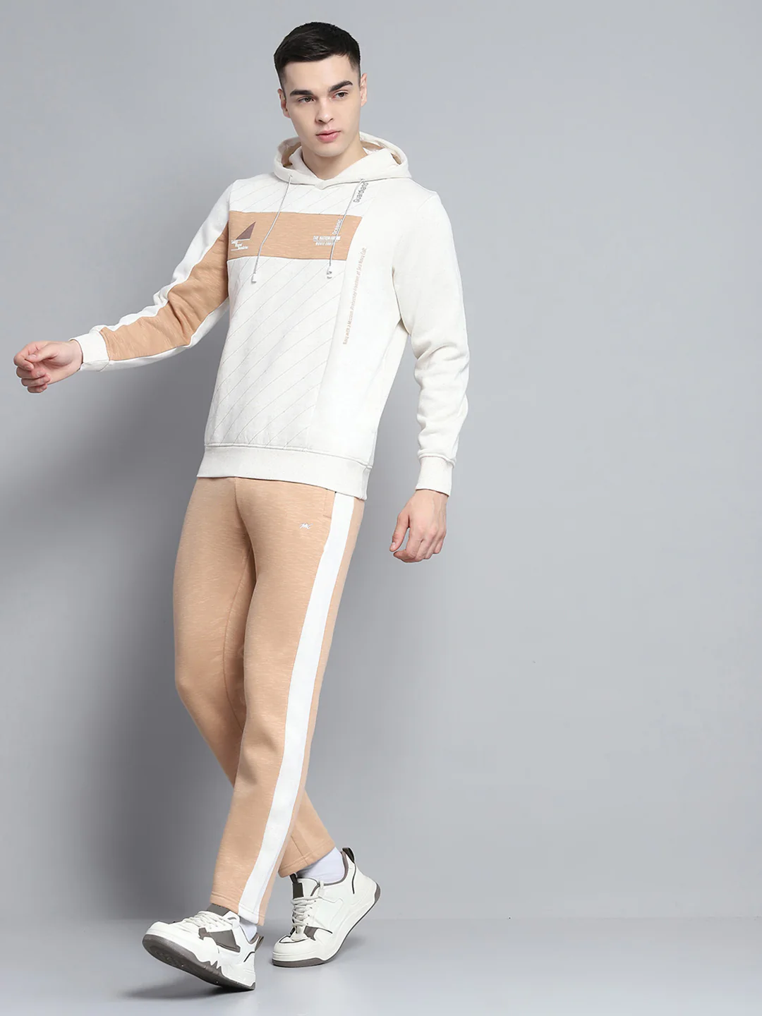 Men Beige Printed Hooded Full Sleeve Winter Tracksuit - Image 2