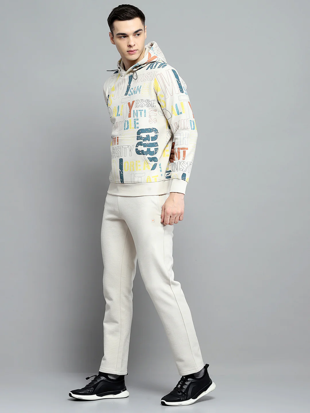 Men Beige Printed Hooded Full Sleeve Winter Tracksuit - Image 3