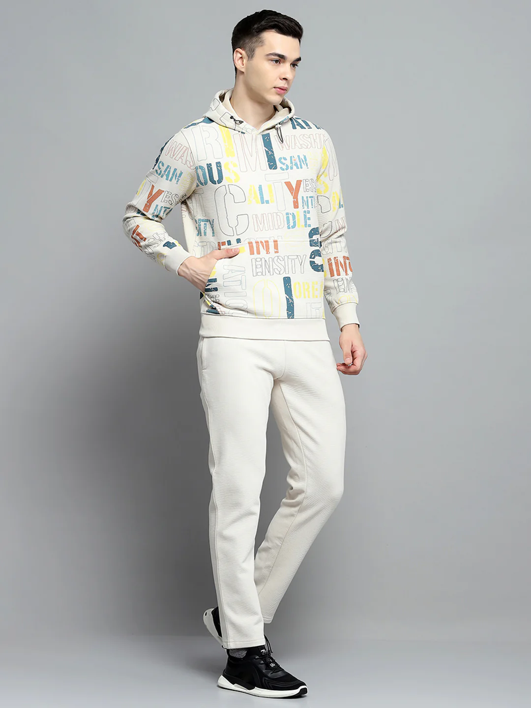 Men Beige Printed Hooded Full Sleeve Winter Tracksuit - Image 4