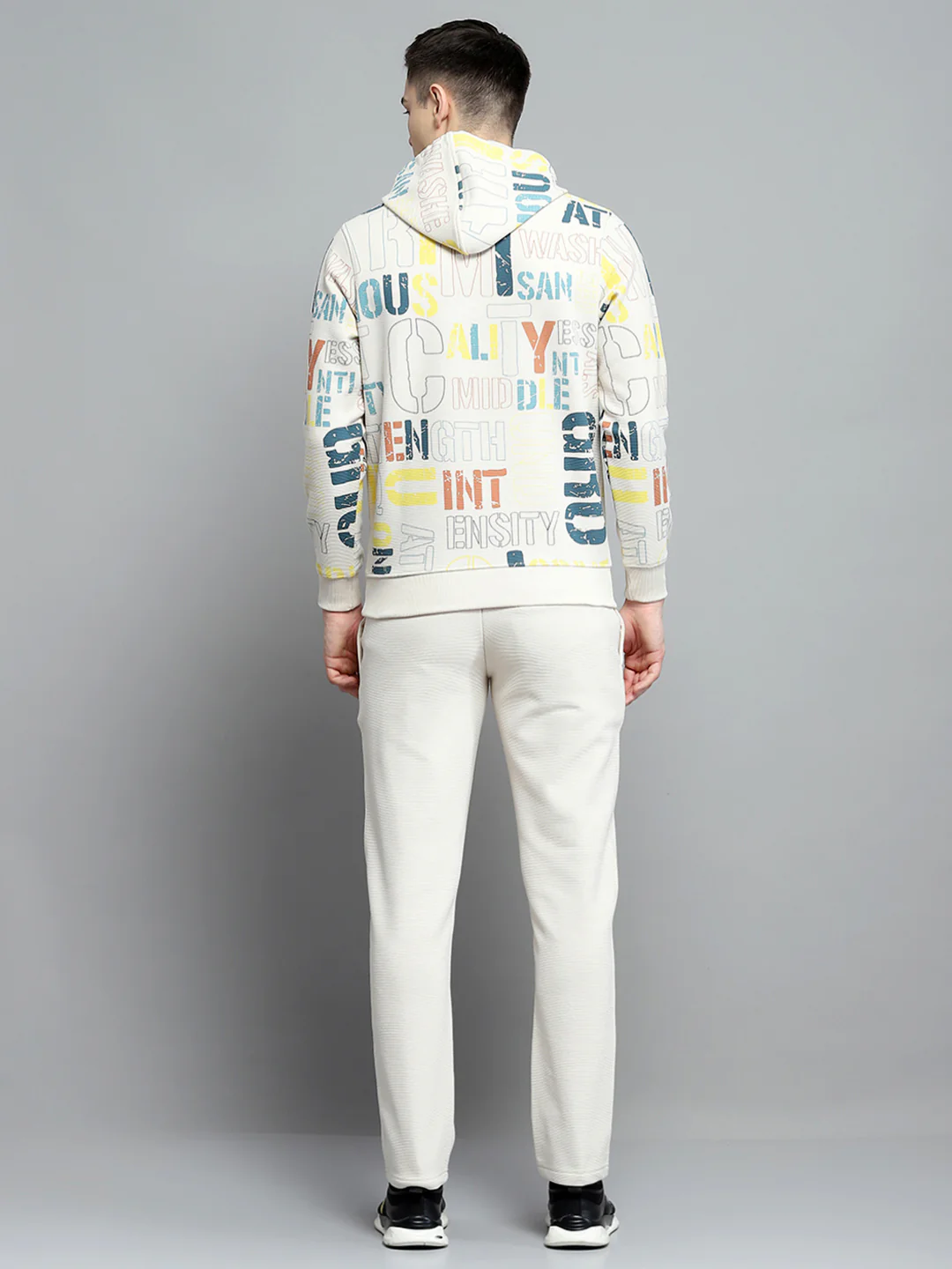 Men Beige Printed Hooded Full Sleeve Winter Tracksuit - Image 5