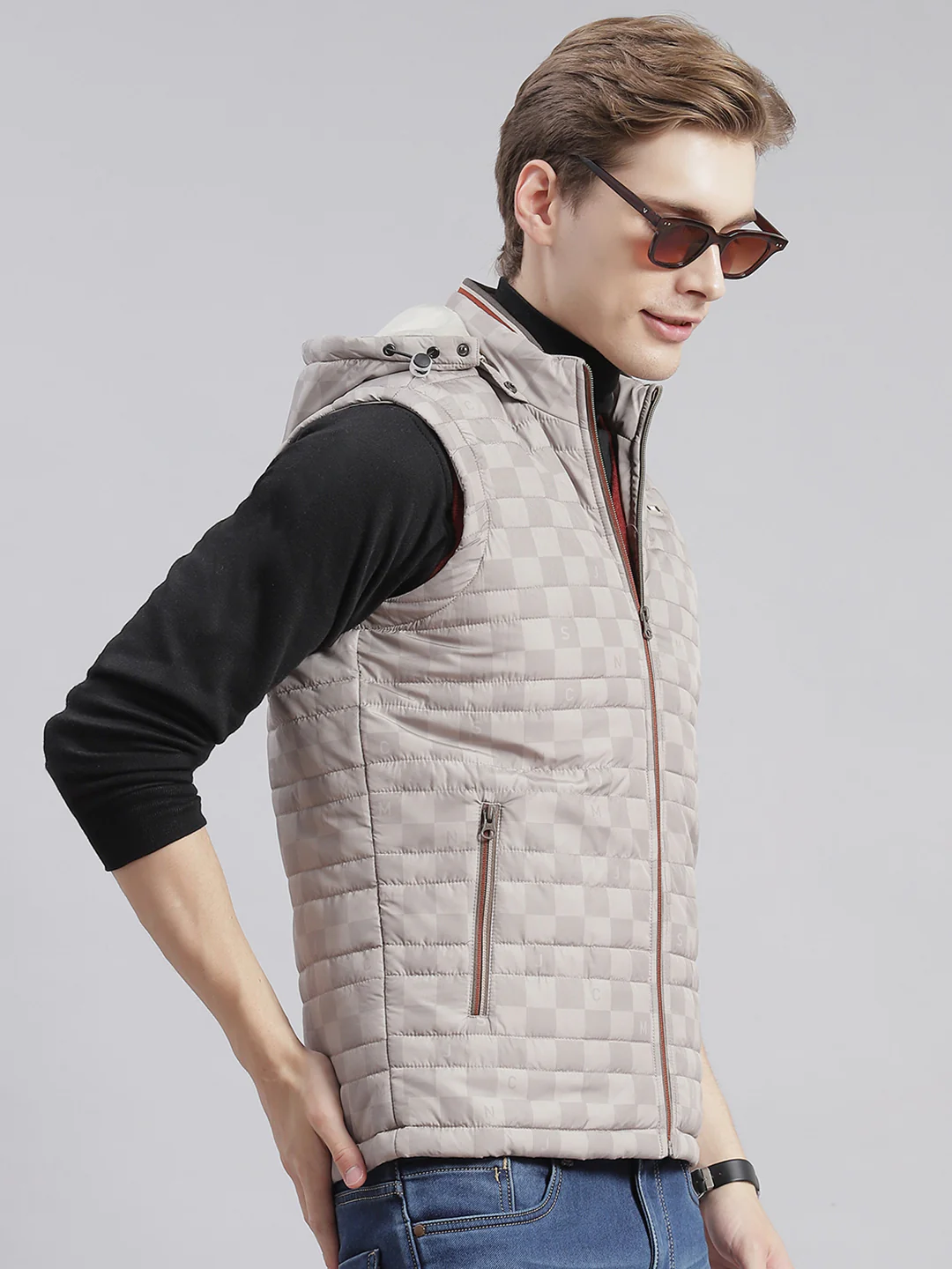 Men Beige Printed Hooded Sleeveless Jackets - Image 6