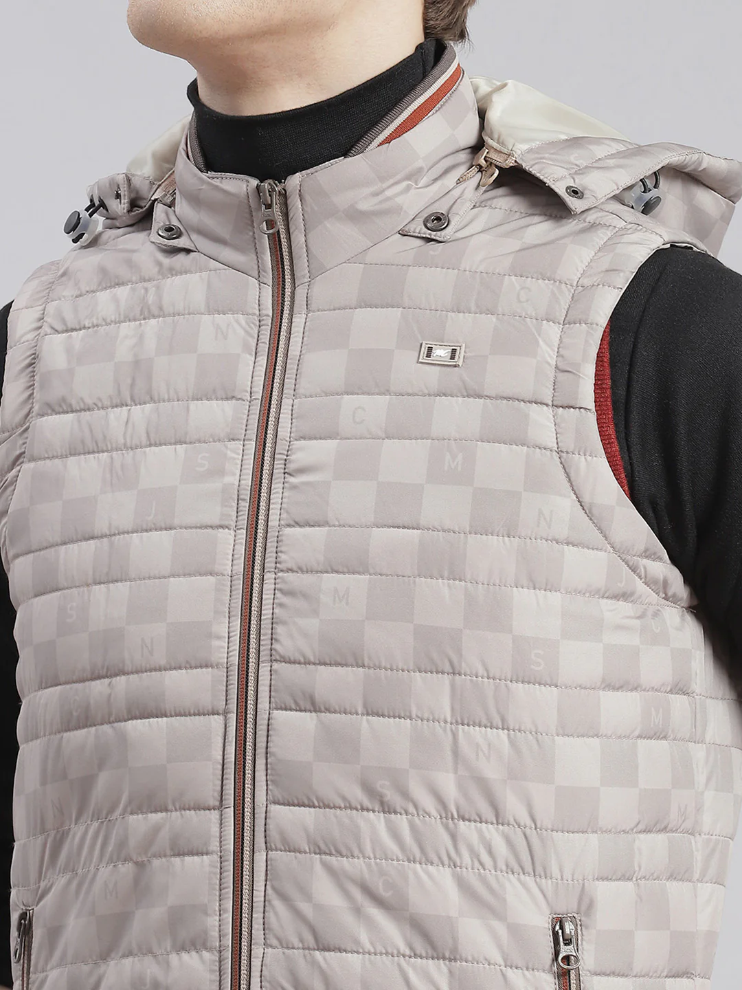 Men Beige Printed Hooded Sleeveless Jackets - Image 8