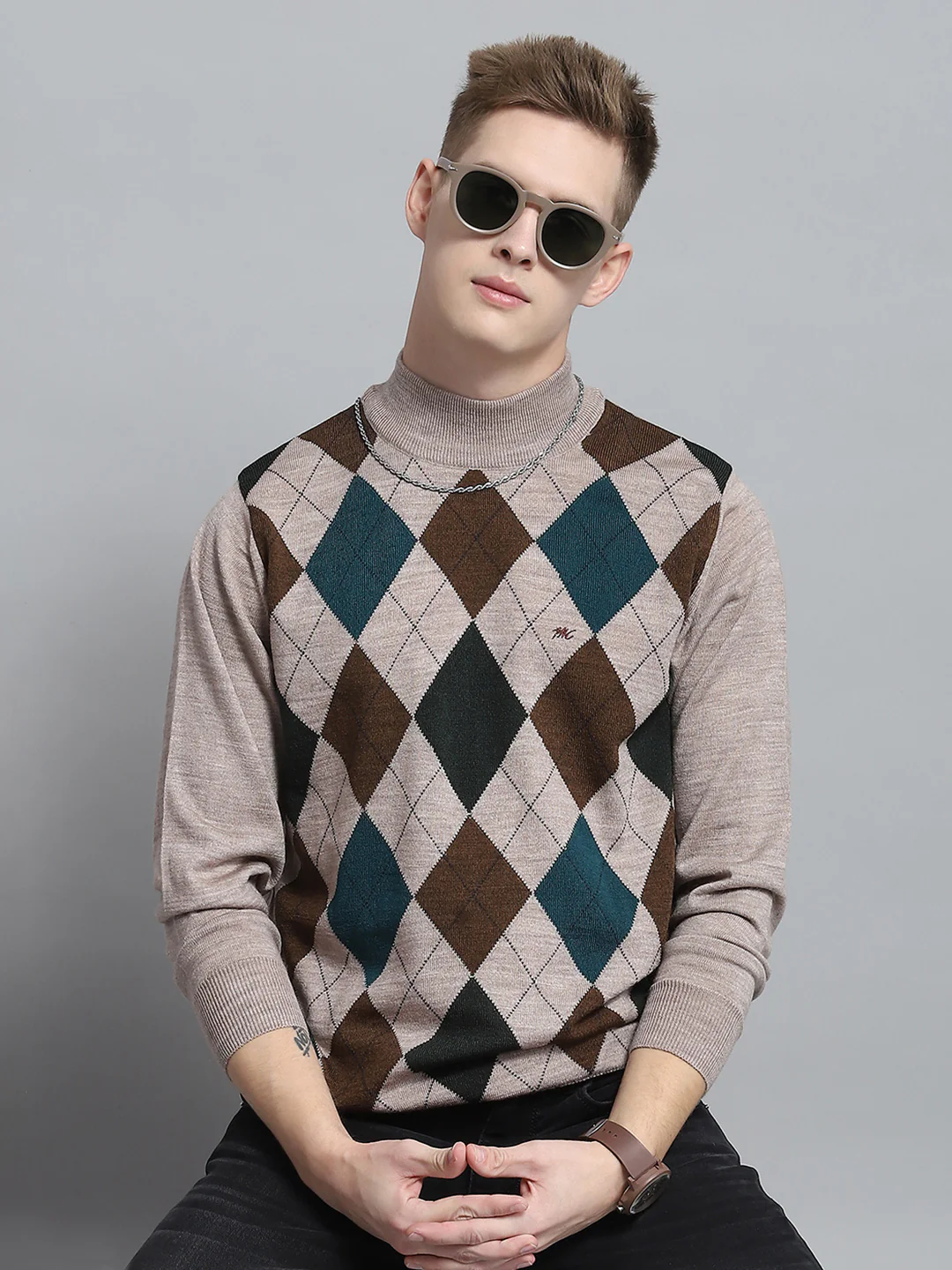 Men Beige Printed Mock Neck Full Sleeve Pullover - Image 6