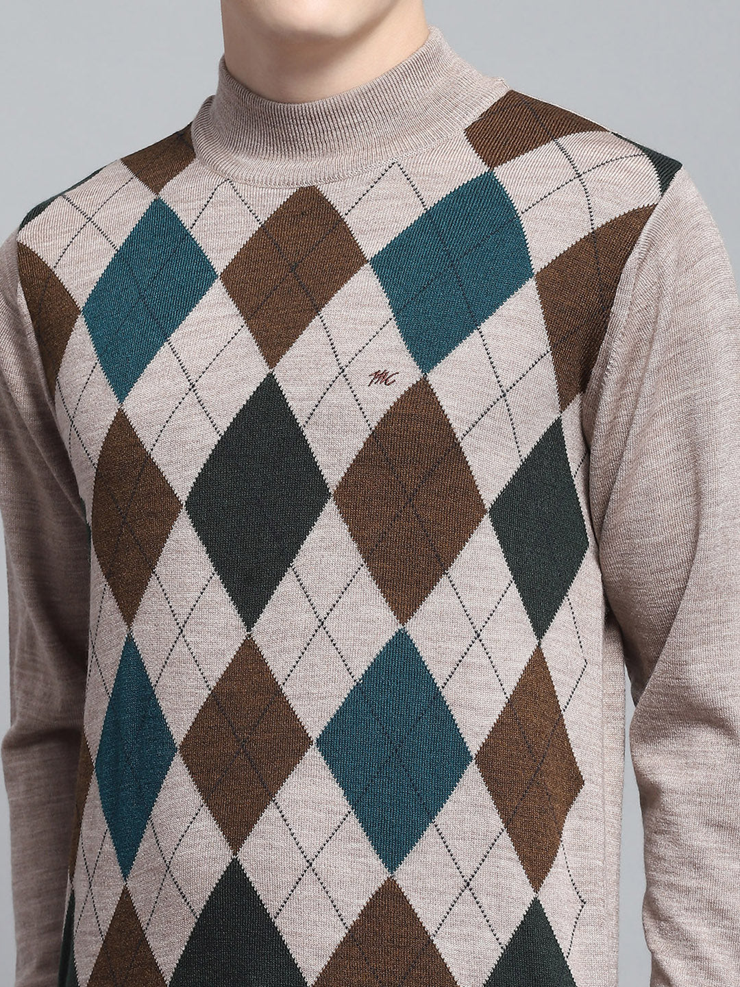 Men Beige Printed Mock Neck Full Sleeve Pullover - Image 7