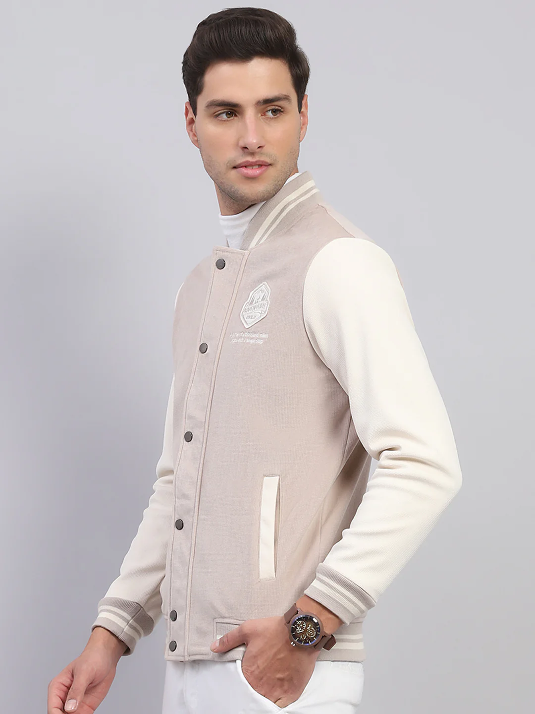 Rock.it Men Beige Printed Mock Neck Full Sleeve Sweatshirt - Image 3