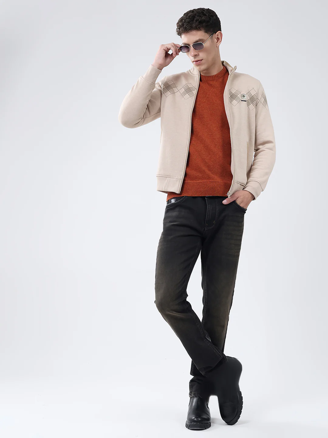 Men Beige Printed Mock Neck Full Sleeve Sweatshirt - Image 2