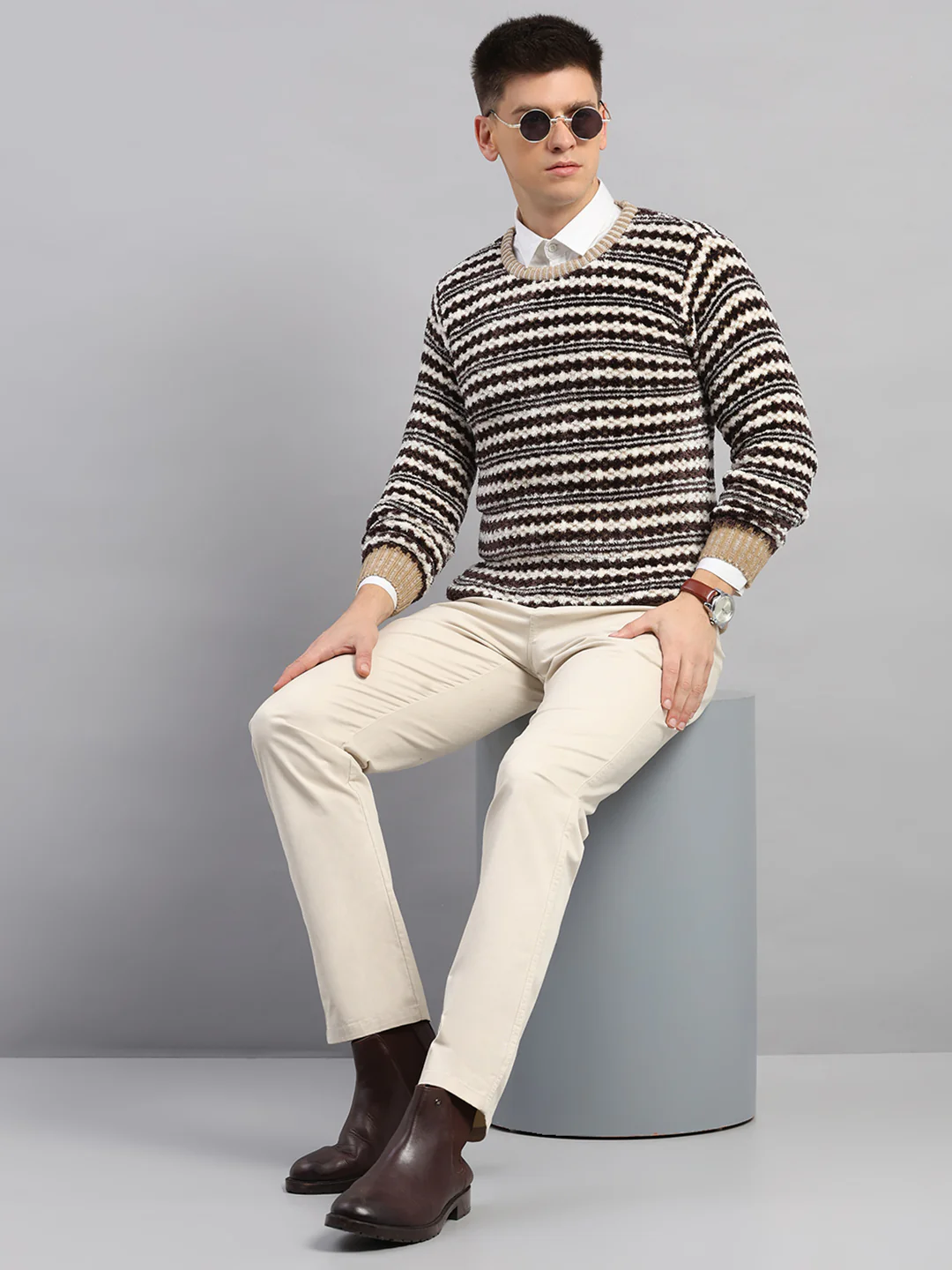 Men Beige Printed Round Neck Full Sleeve Pullover - Image 2
