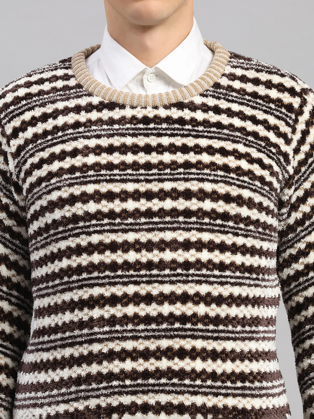 Men Beige Printed Round Neck Full Sleeve Pullover - Image 6