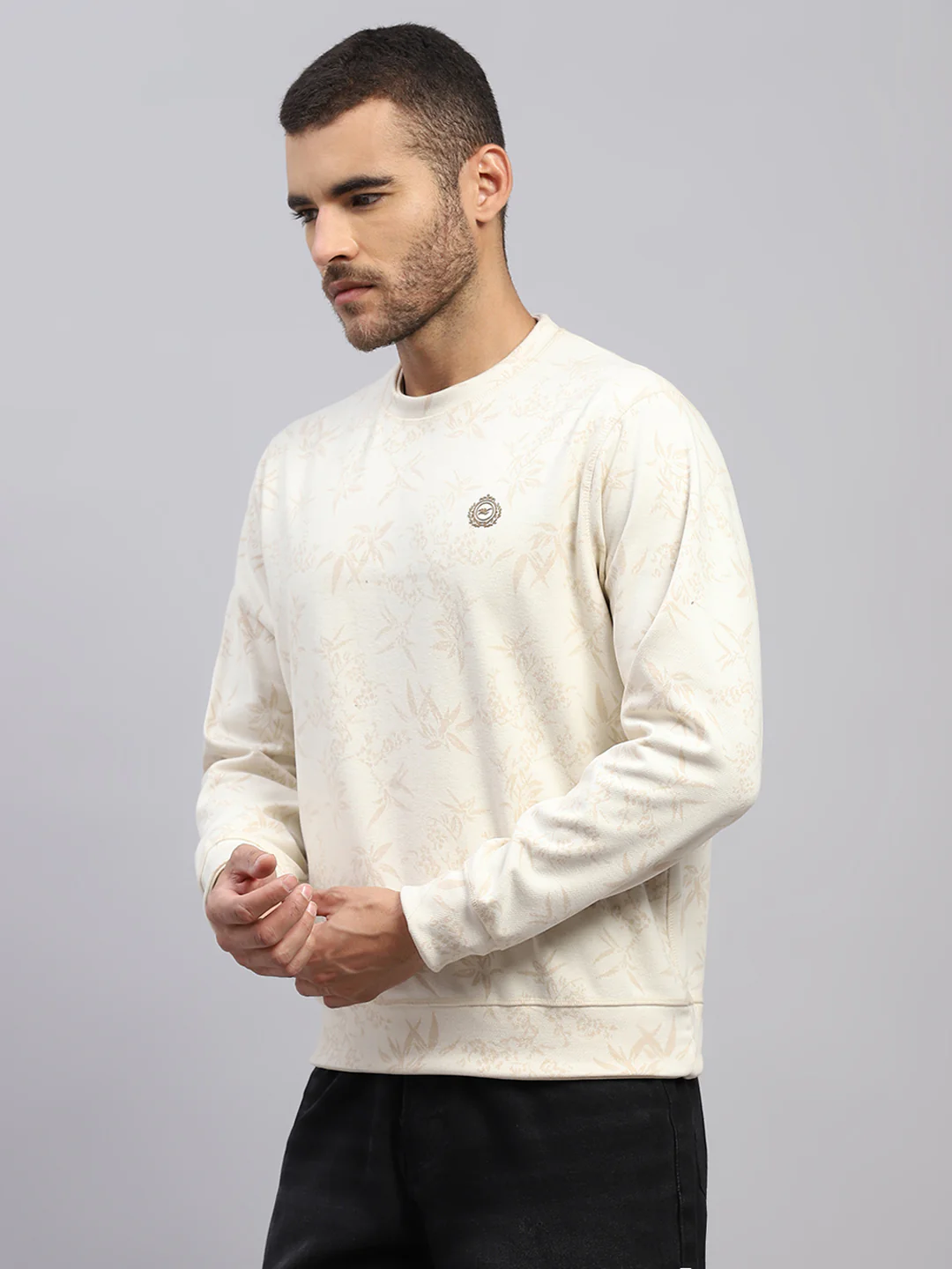 Men Beige Printed Round Neck Full Sleeve Reversible Sweatshirt - Image 3