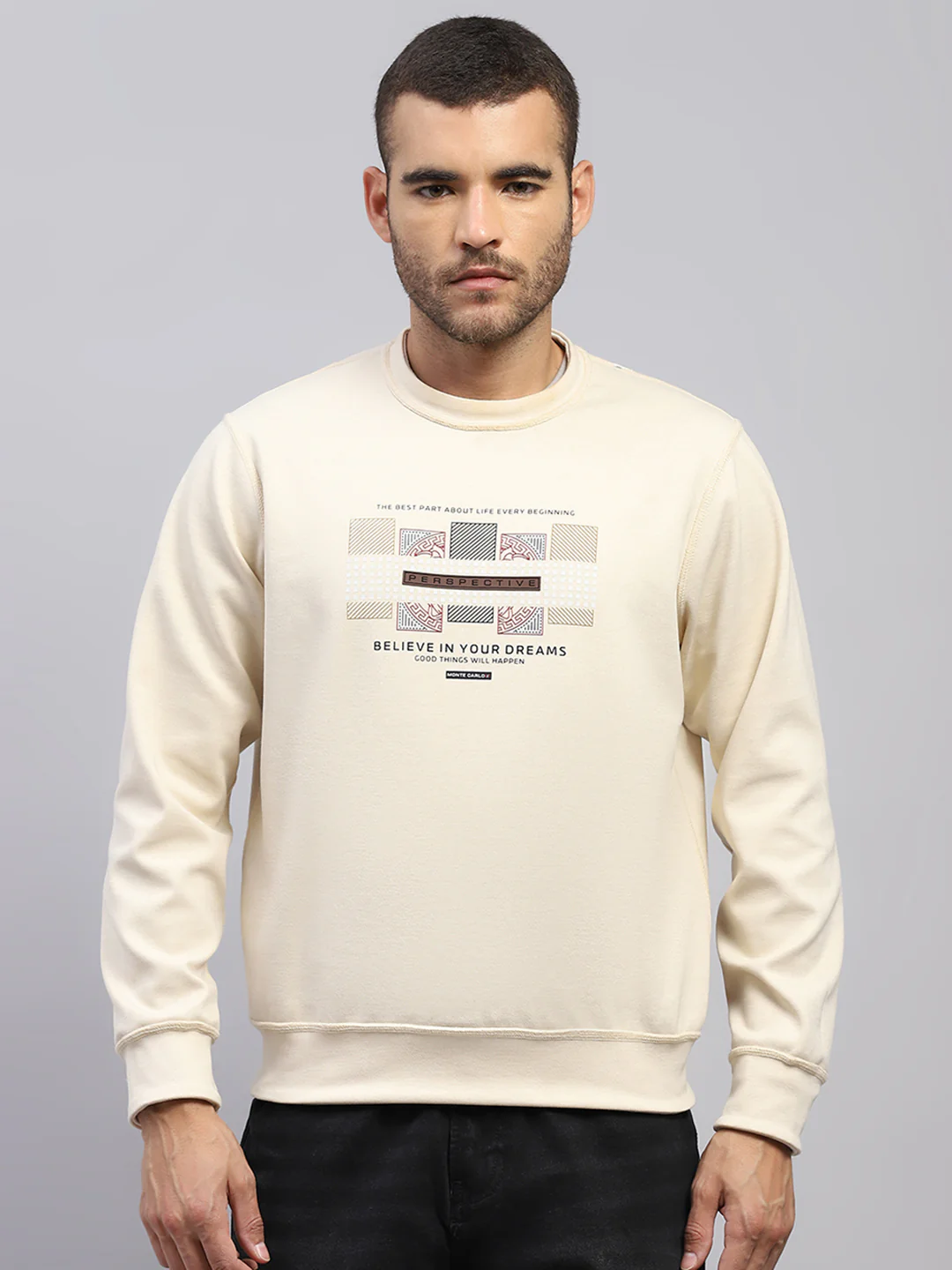 Men Beige Printed Round Neck Full Sleeve Reversible Sweatshirt - Image 6
