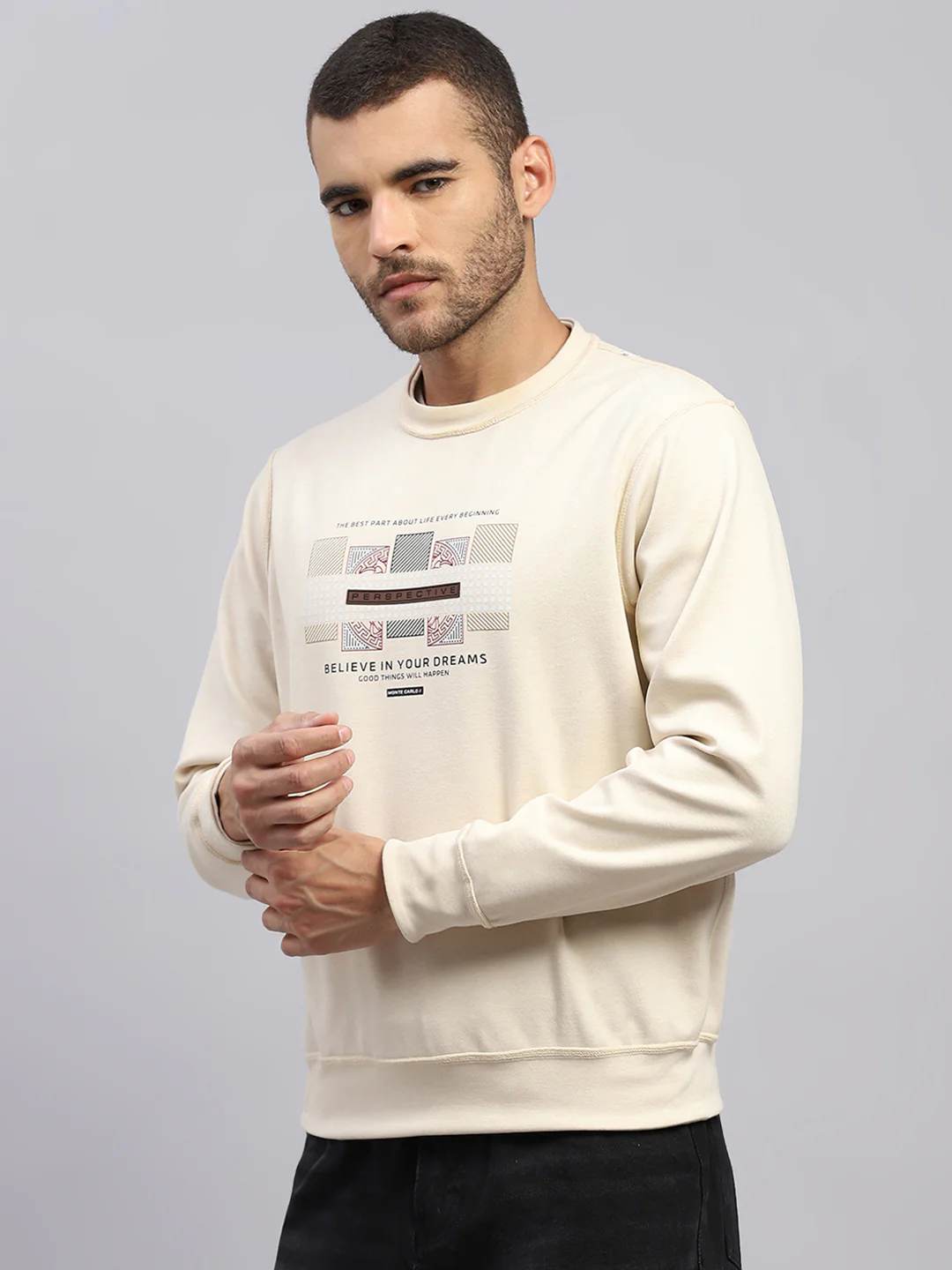 Men Beige Printed Round Neck Full Sleeve Reversible Sweatshirt - Image 7