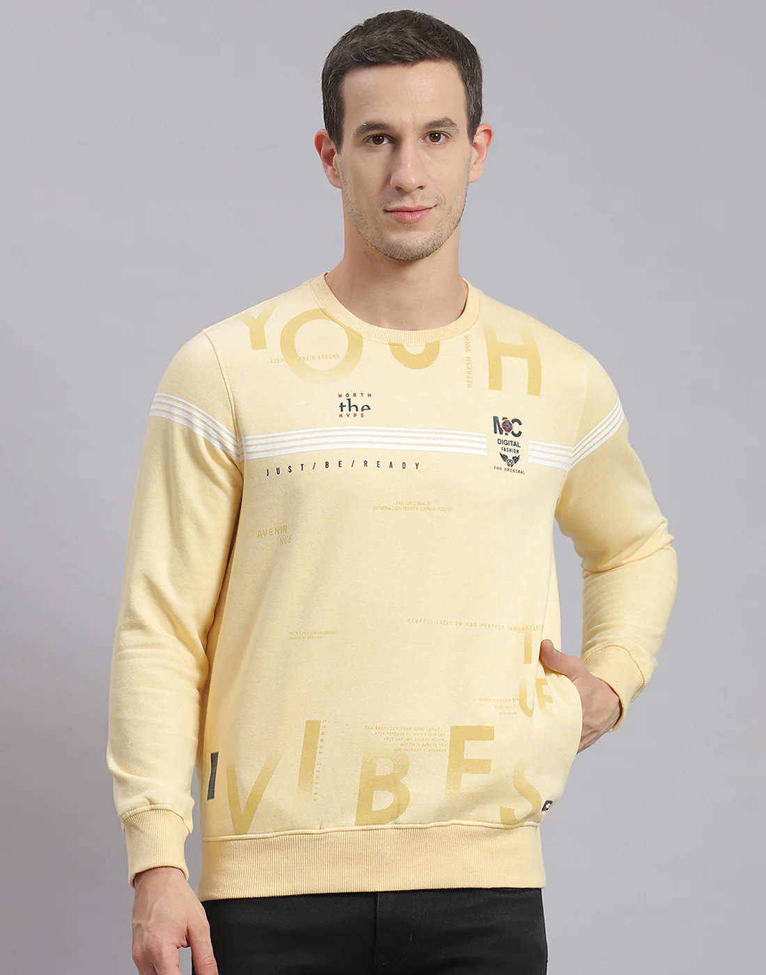 Men Beige Printed Round Neck Full Sleeve Sweatshirt - Image 2