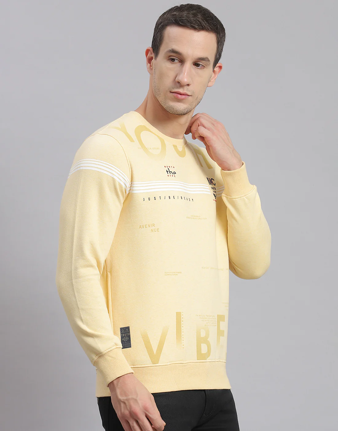Men Beige Printed Round Neck Full Sleeve Sweatshirt - Image 4