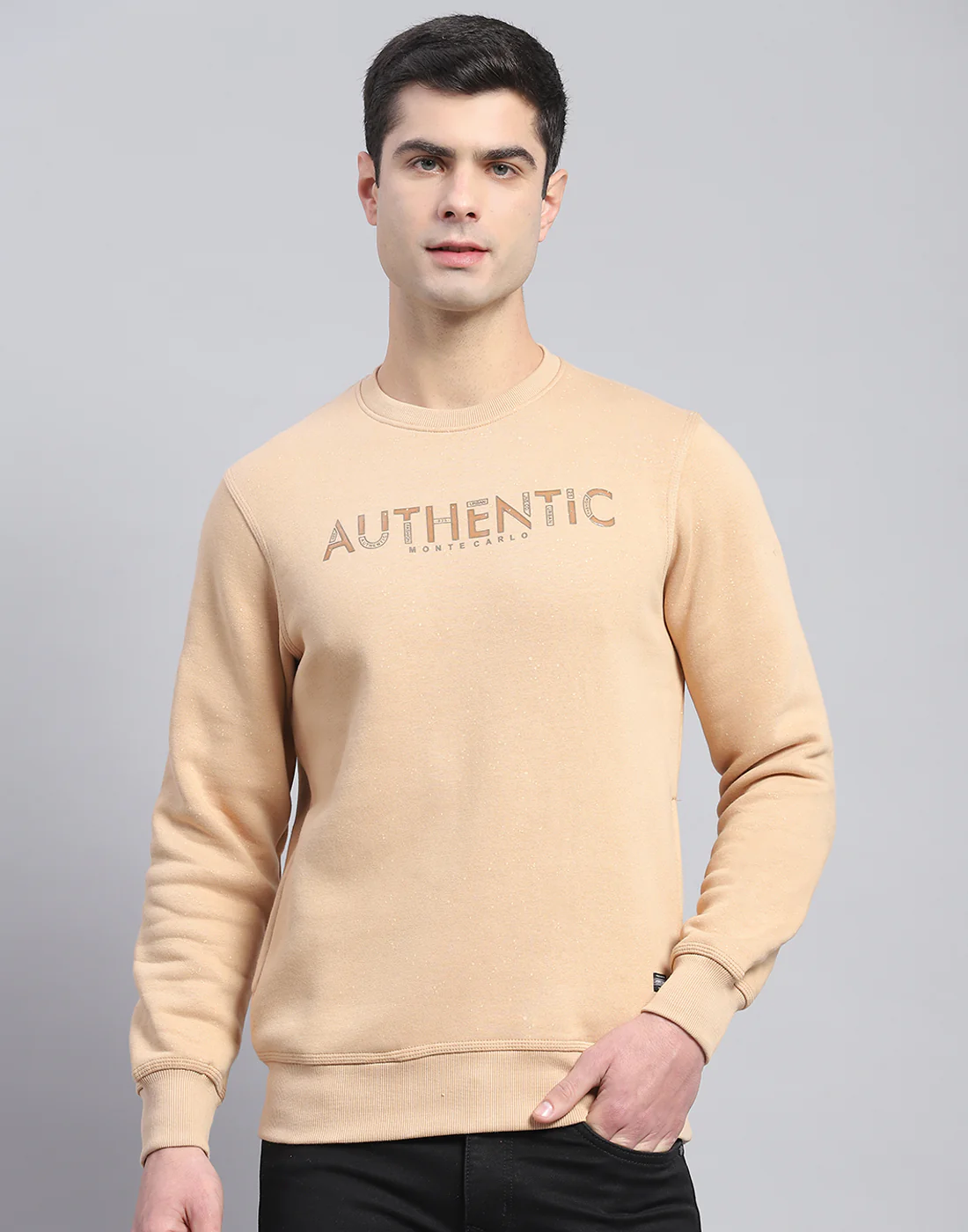 Men Beige Printed Round Neck Full Sleeve Sweatshirt - Image 3