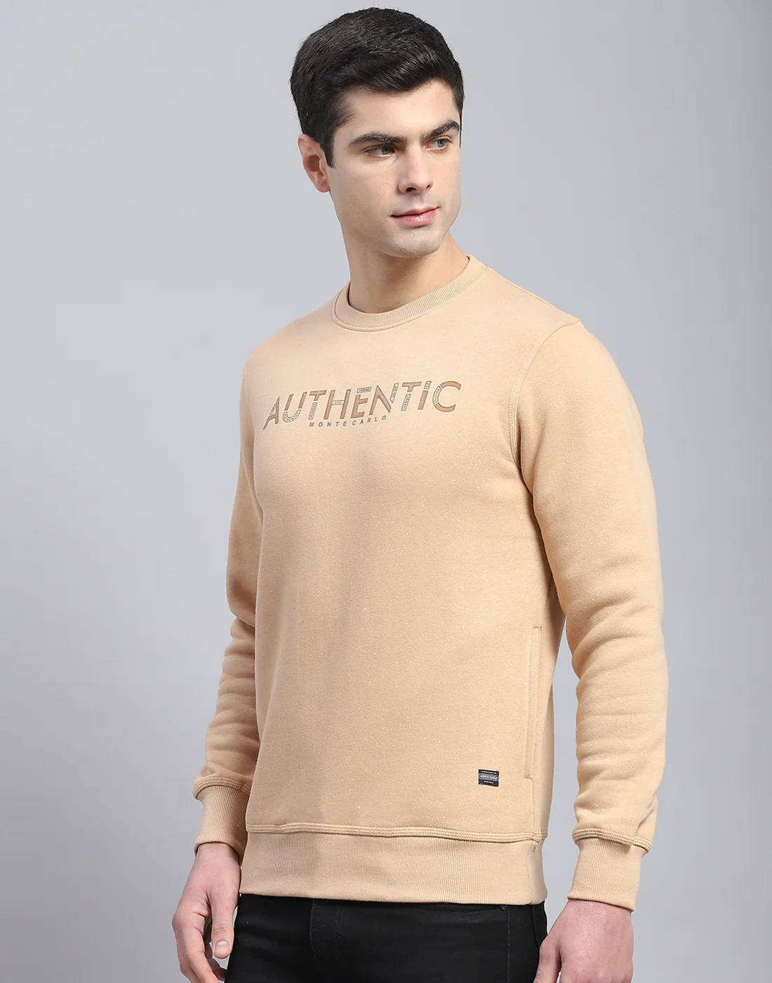 Men Beige Printed Round Neck Full Sleeve Sweatshirt - Image 4