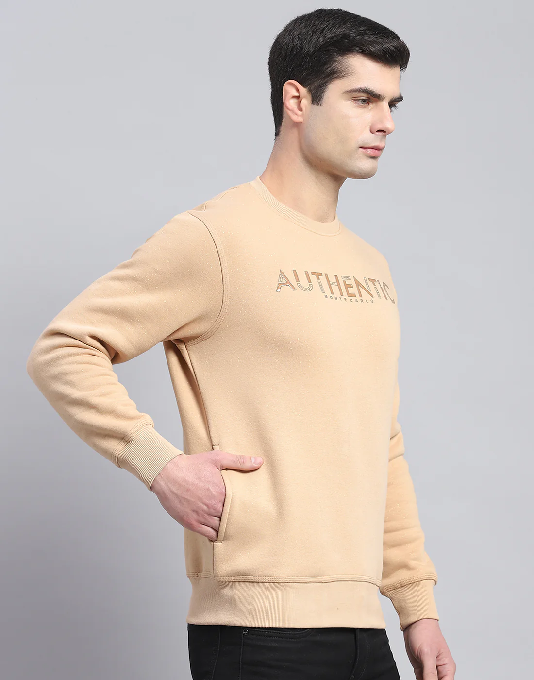 Men Beige Printed Round Neck Full Sleeve Sweatshirt - Image 5