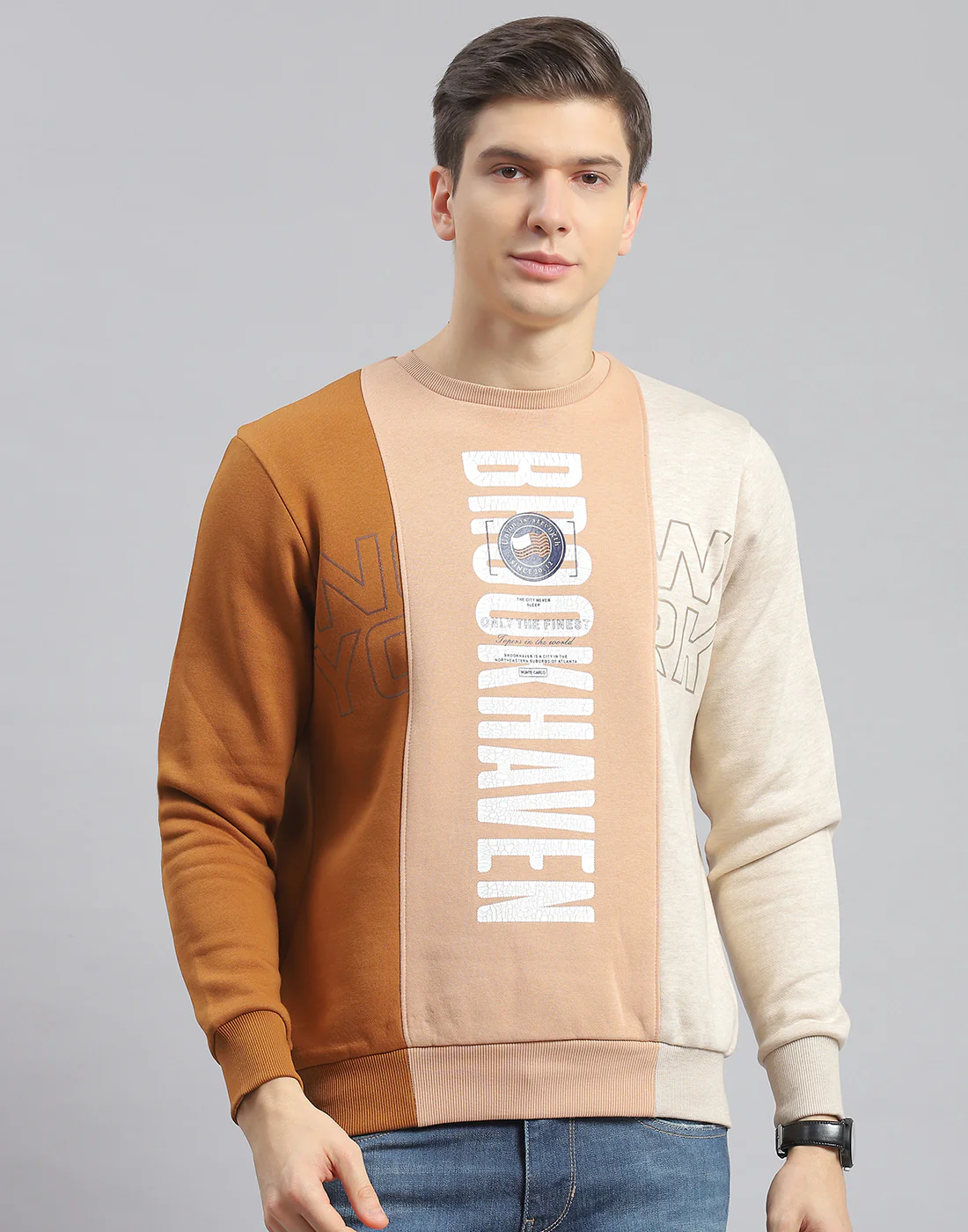 Men Beige Printed Round Neck Full Sleeve Sweatshirt - Image 2