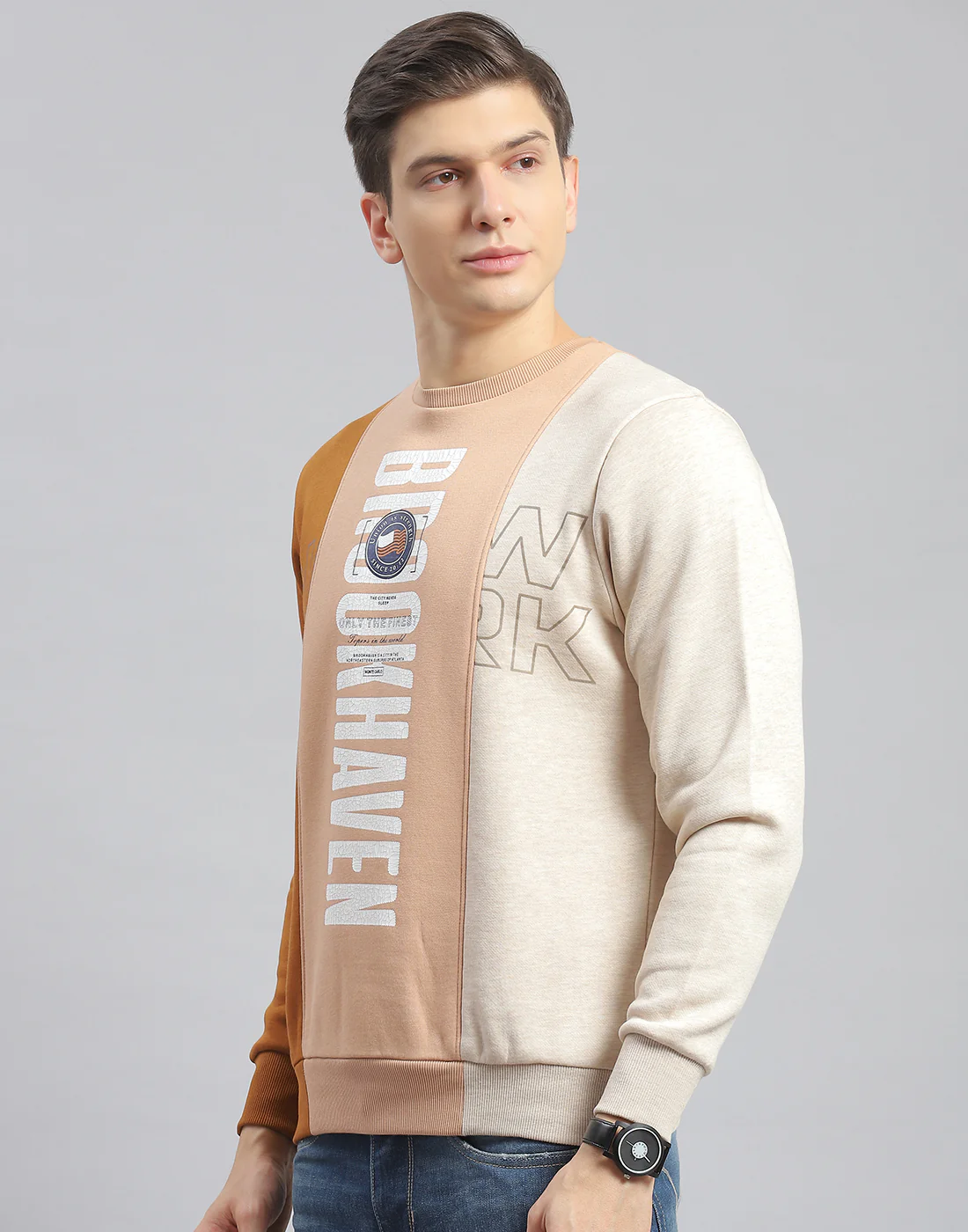 Men Beige Printed Round Neck Full Sleeve Sweatshirt - Image 3