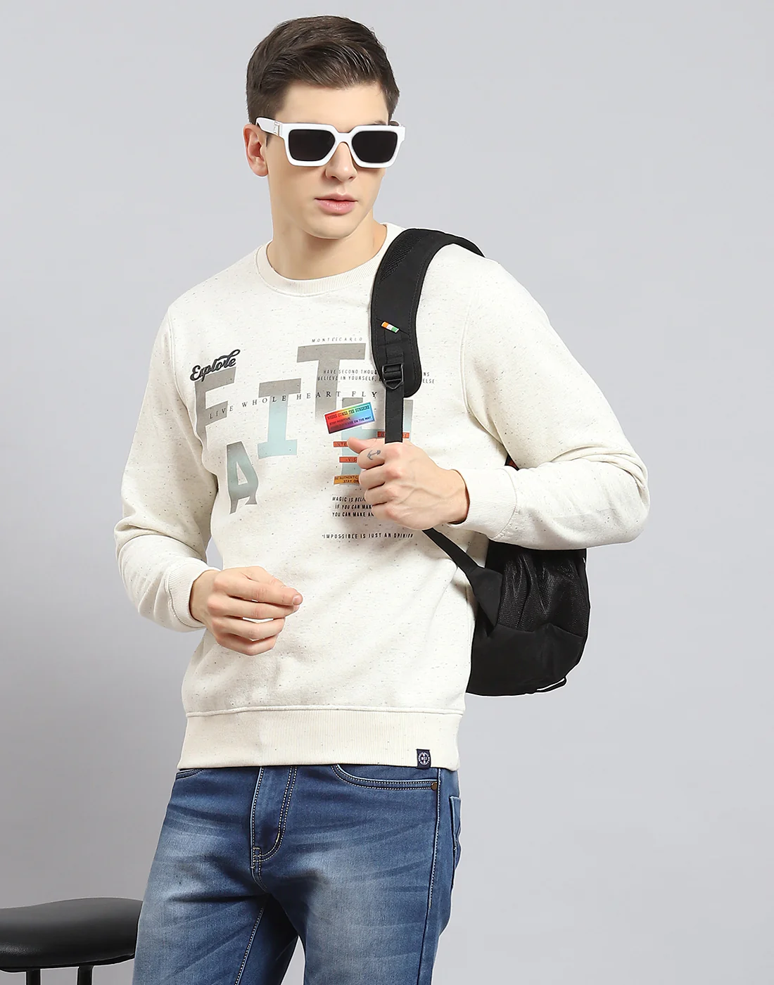 Men Beige Printed Round Neck Full Sleeve Sweatshirt - Image 2