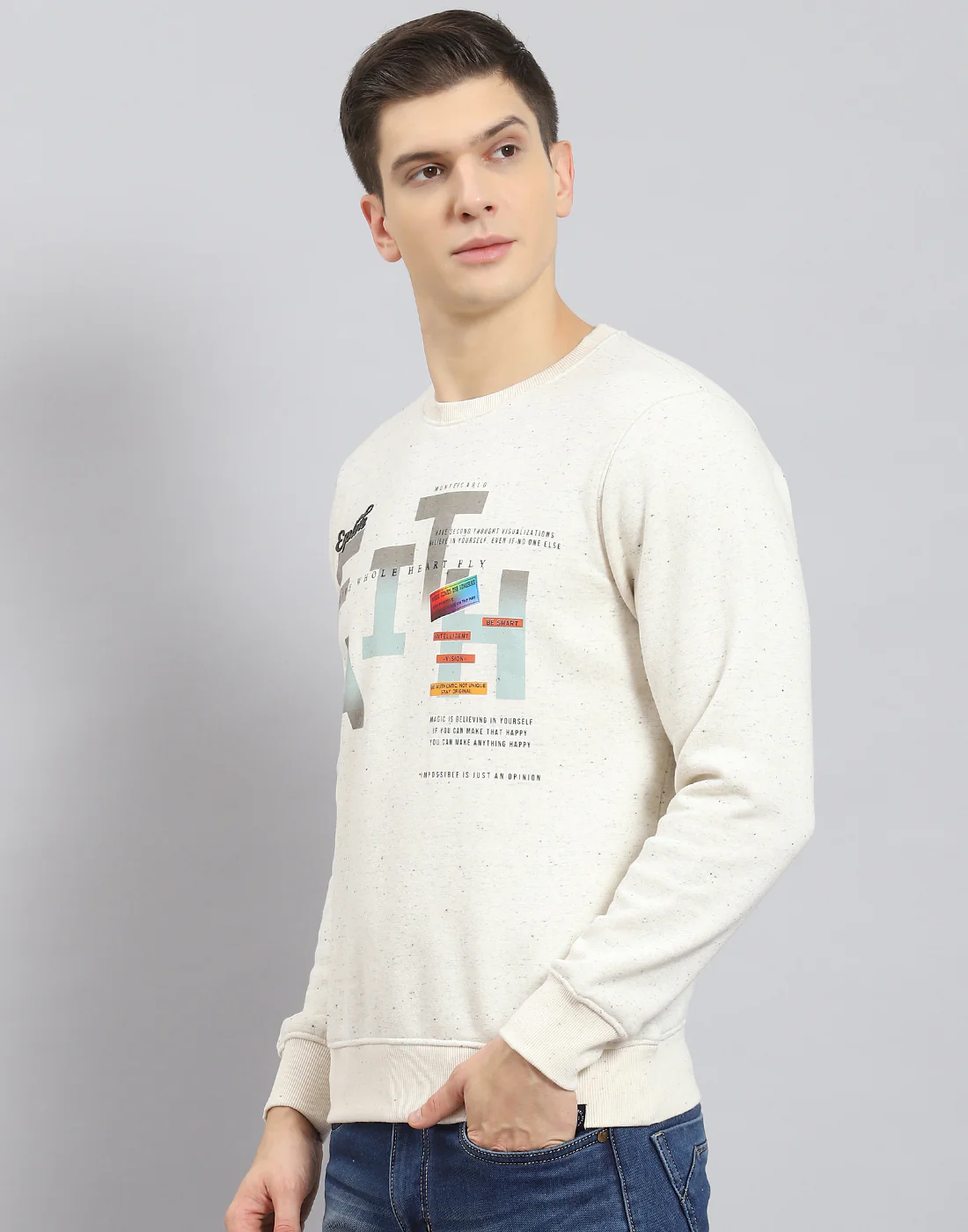 Men Beige Printed Round Neck Full Sleeve Sweatshirt - Image 4